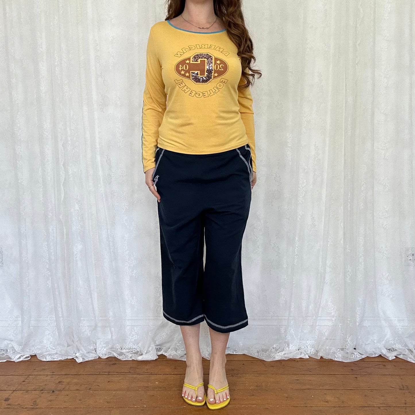 vintage 00s mustard yellow sequin varsity graphic top