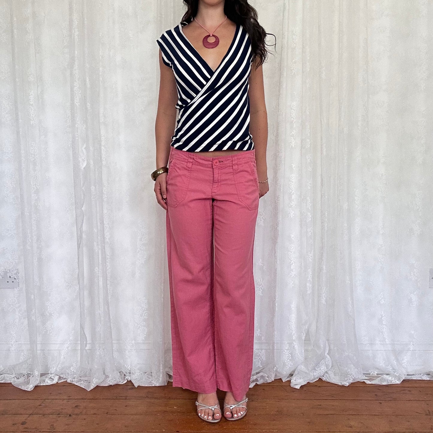 vintage 00s navy and white striped crossover top