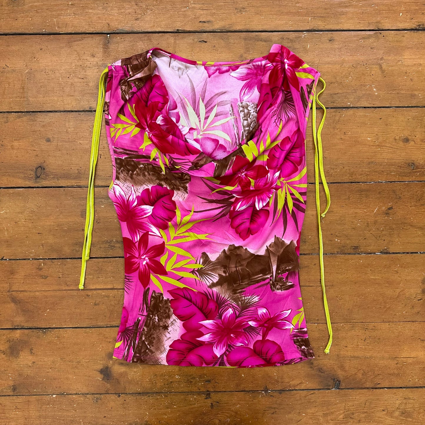 vintage 00s hot pink hibiscus cowl neck top
