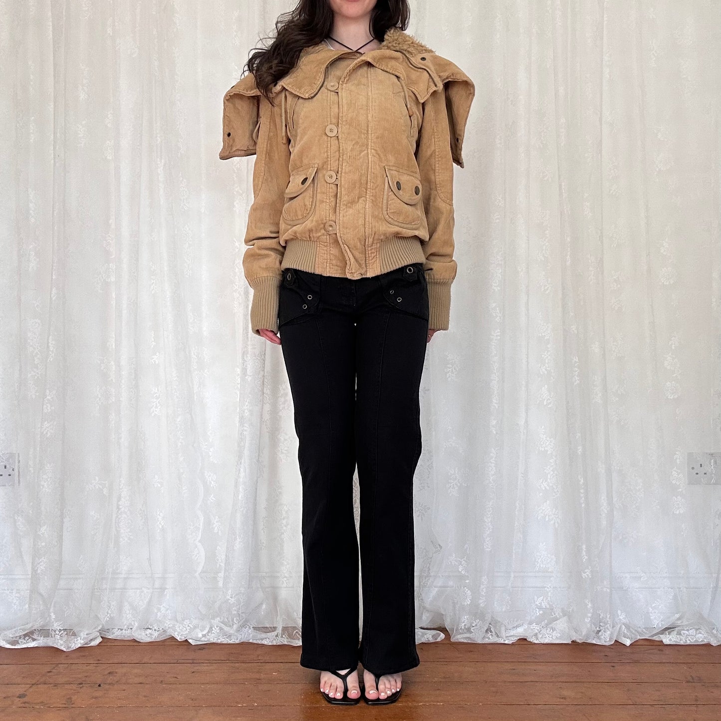 vintage 00s beige cord split hood bomber jacket