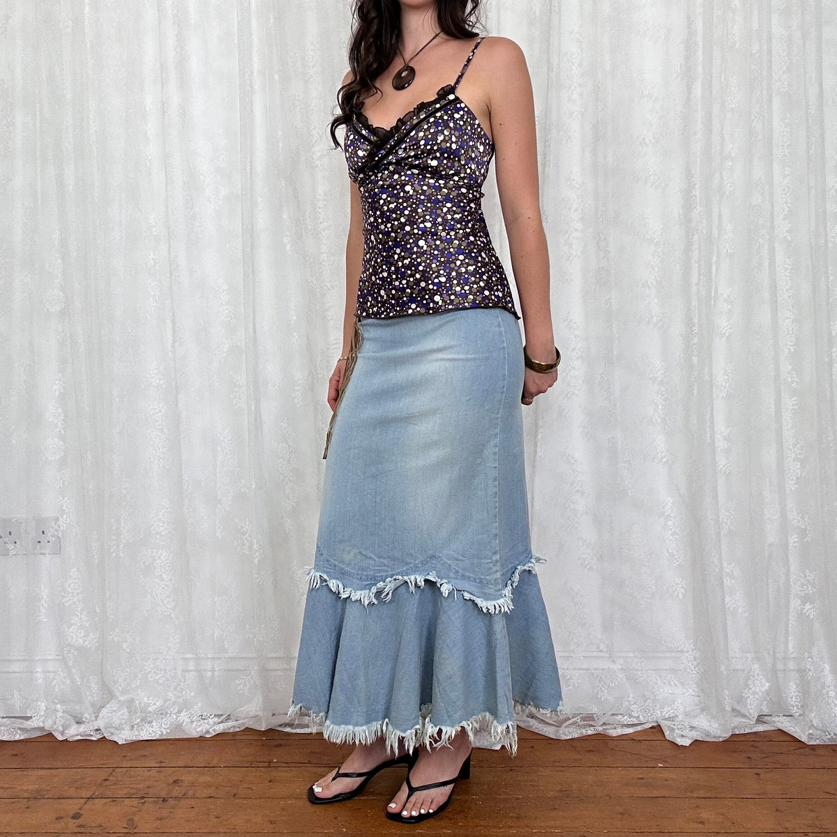 vintage 00s purple and brown polka dot satin cami