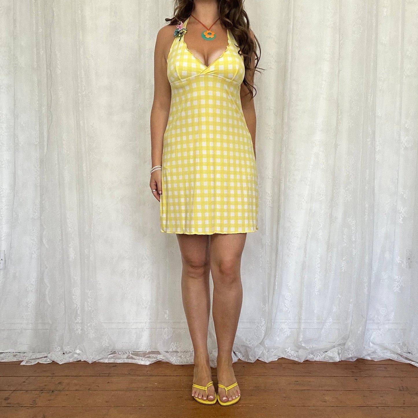 vintage 00s yellow gingham halter dress