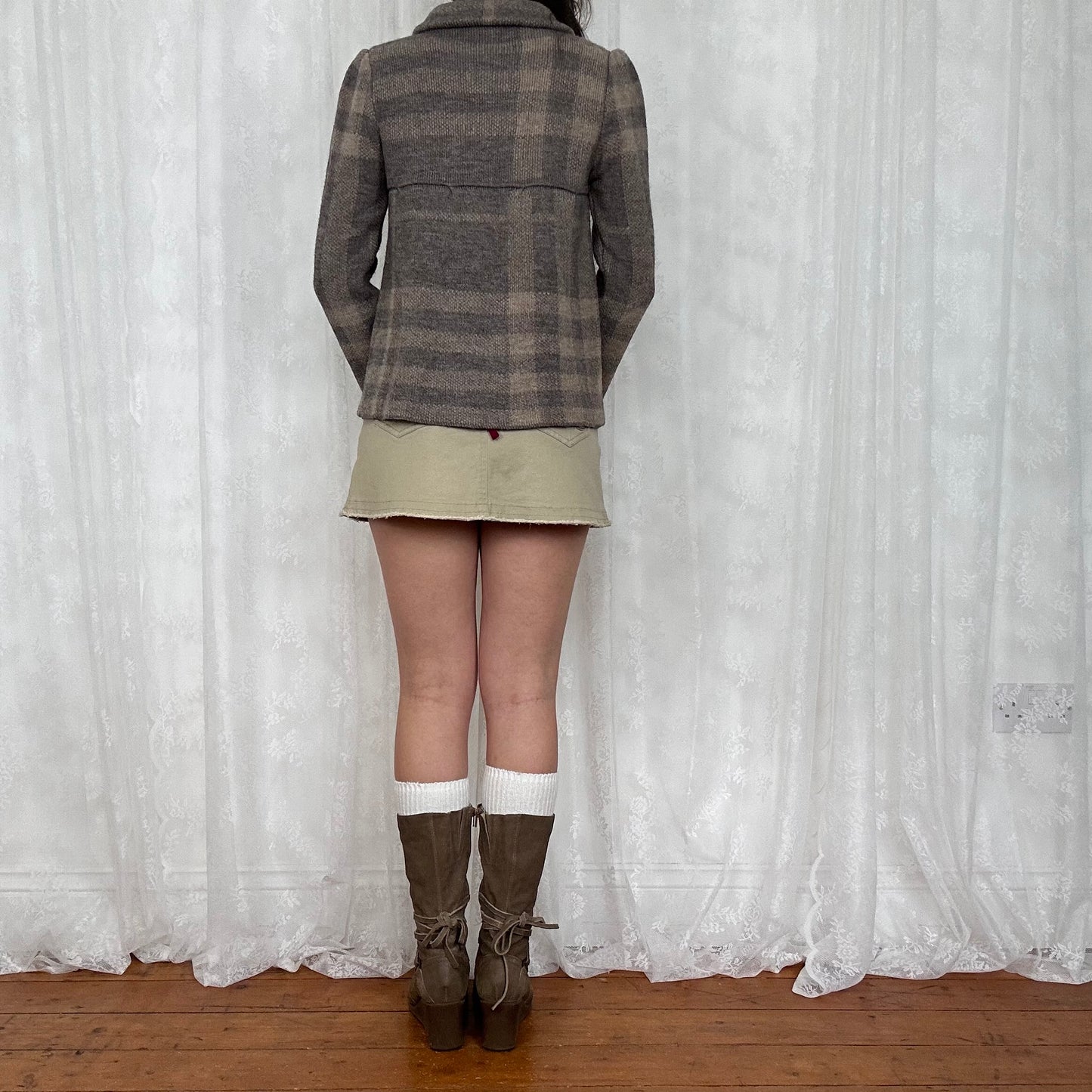 vintage 00s grey and beige knitted peacoat