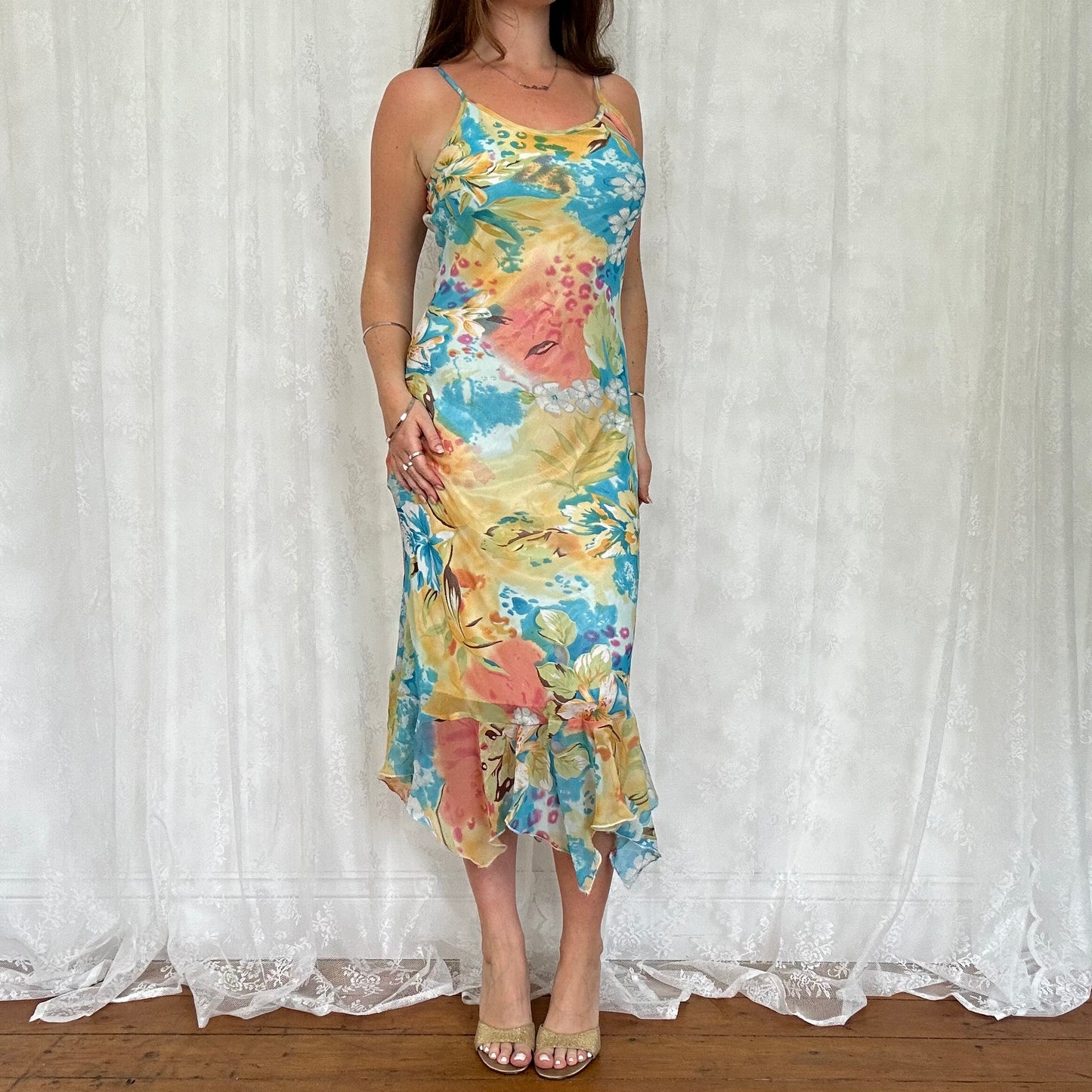 vintage 00s floral mesh midi dress