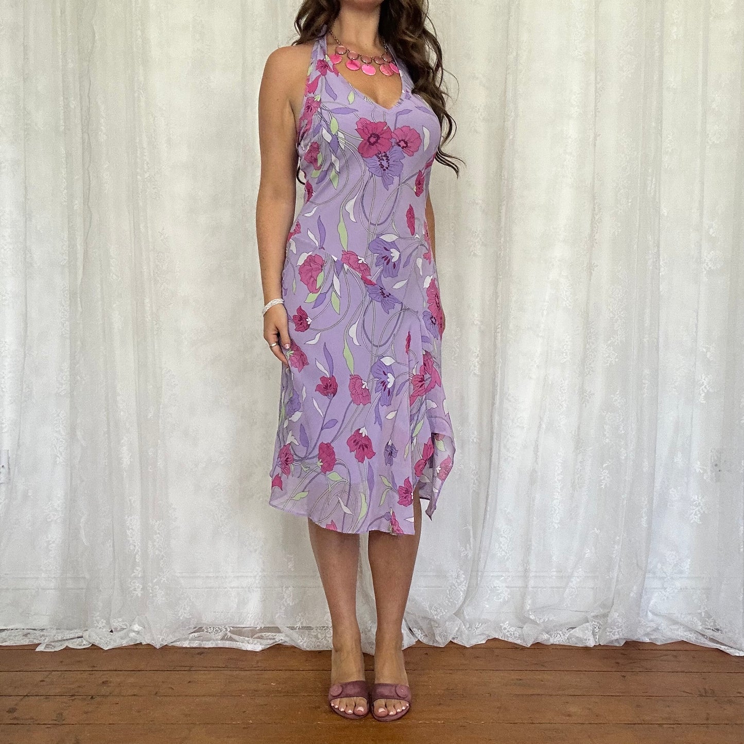 vintage 00s purple floral halter midi dress