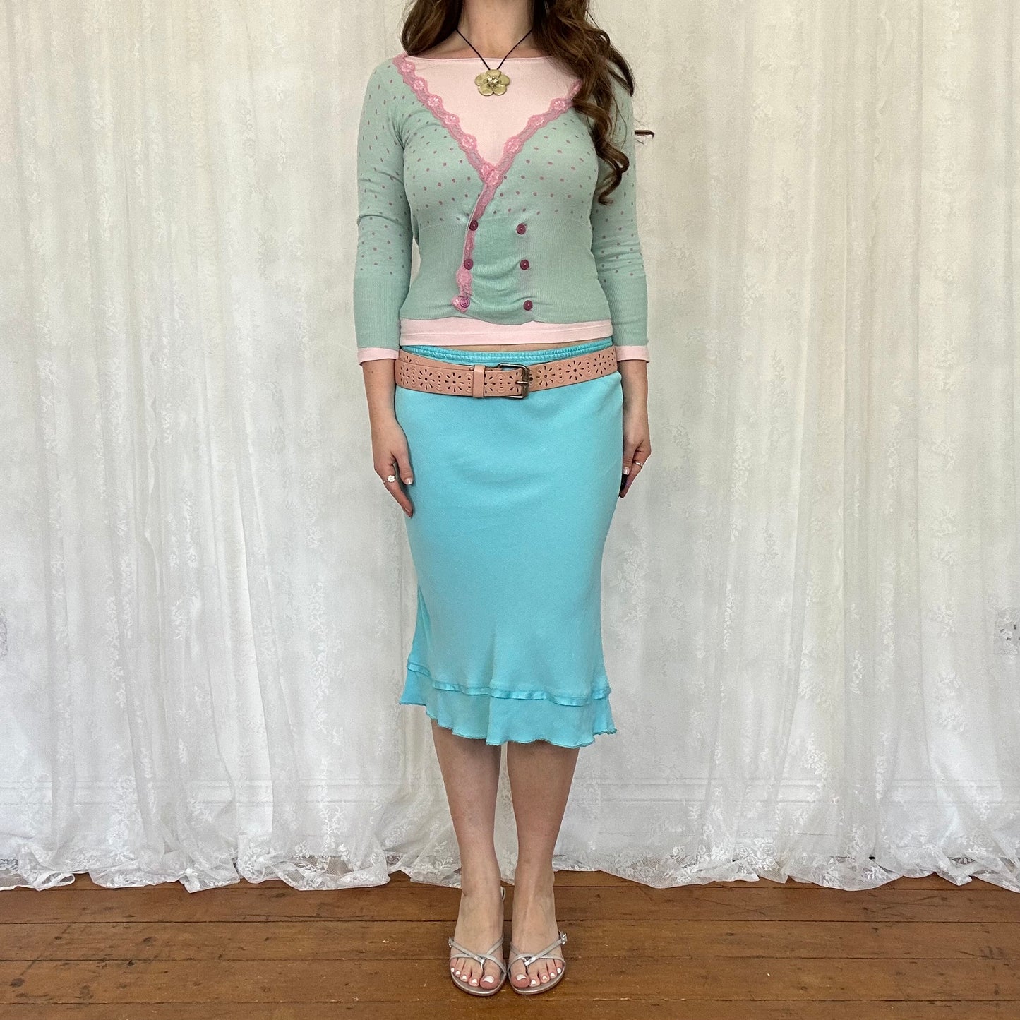 vintage 00s mint green and pink polka dot cardigan
