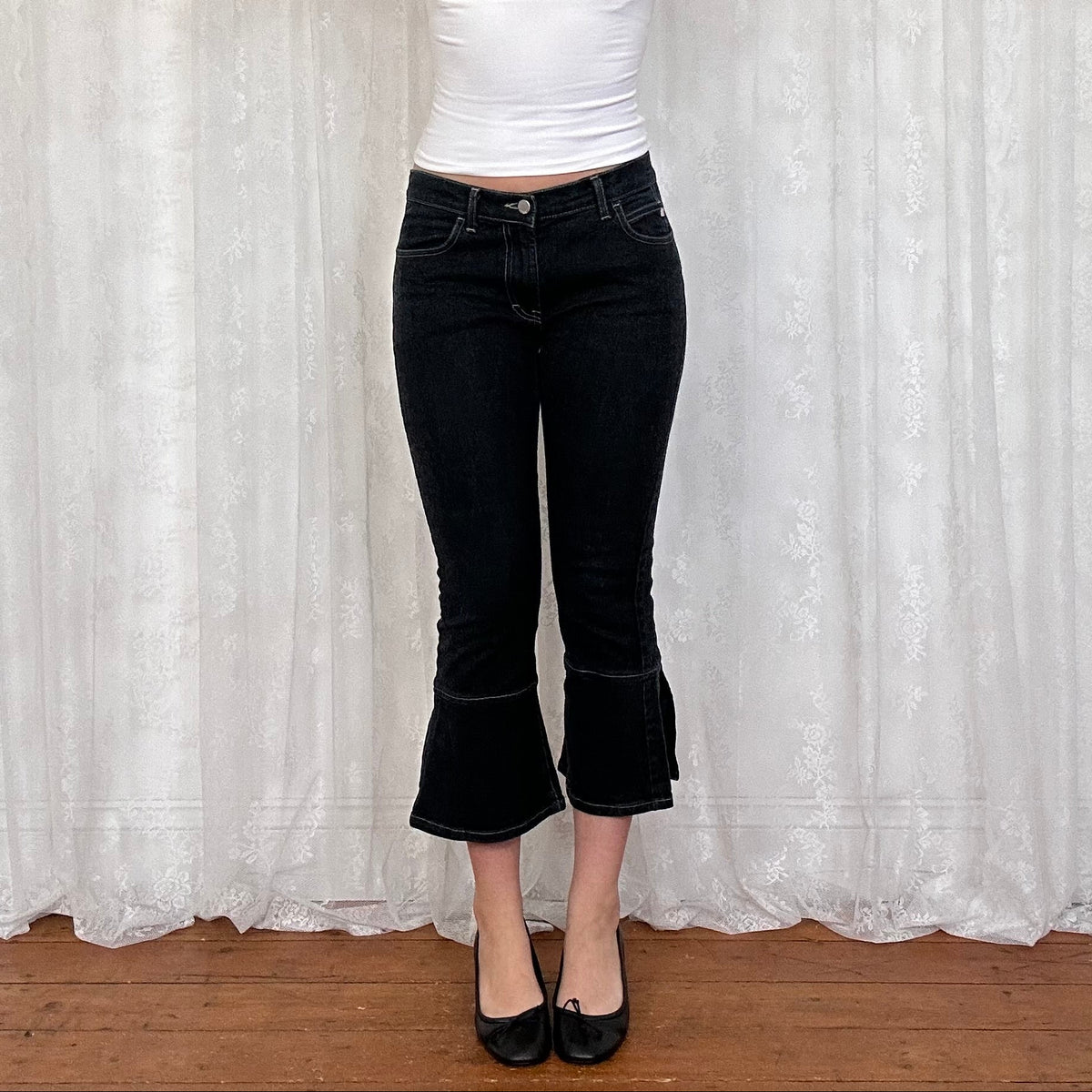 vintage 00s miss sixty dark wash kick flare denim capris