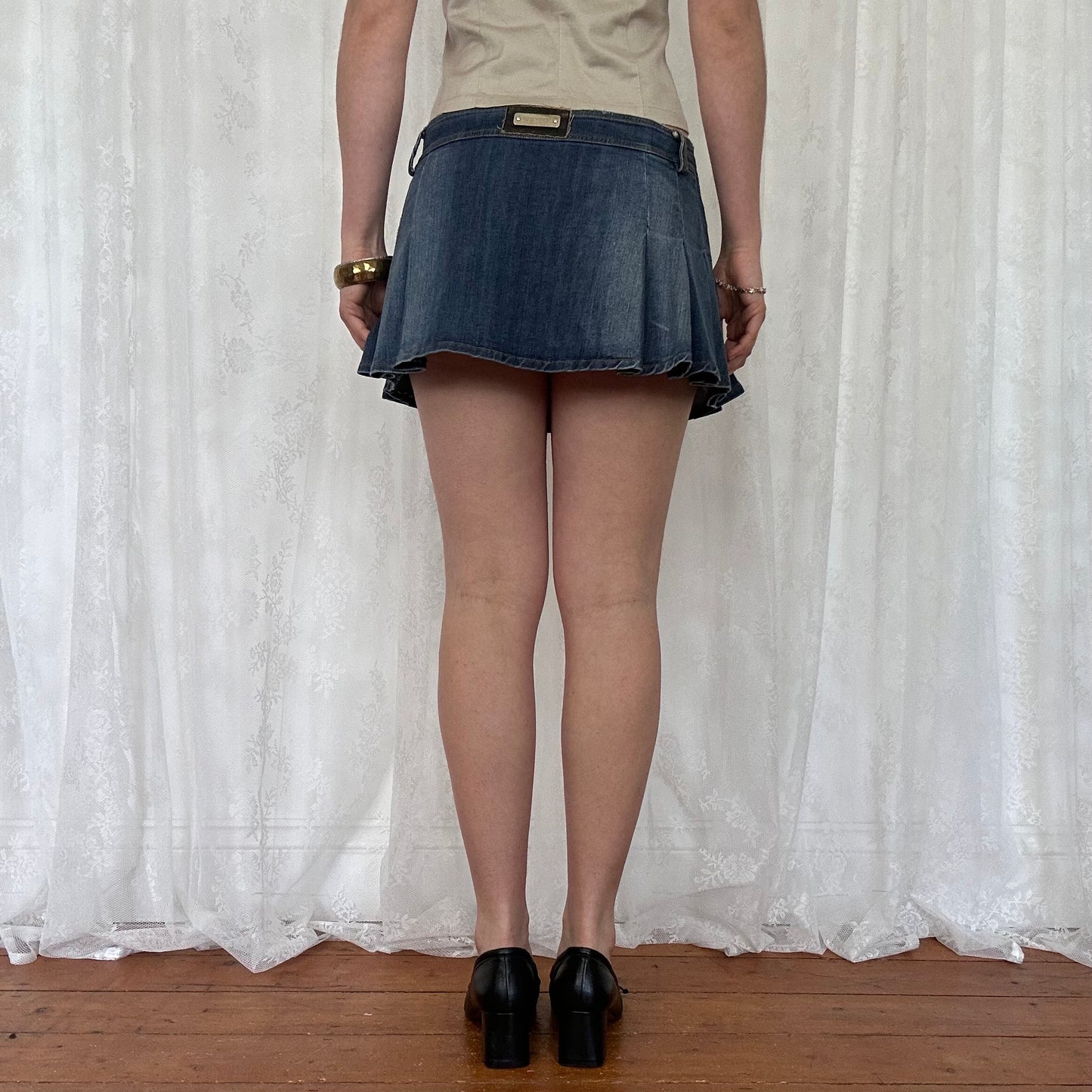 vintage 00s dark wash denim pleated mini skirt