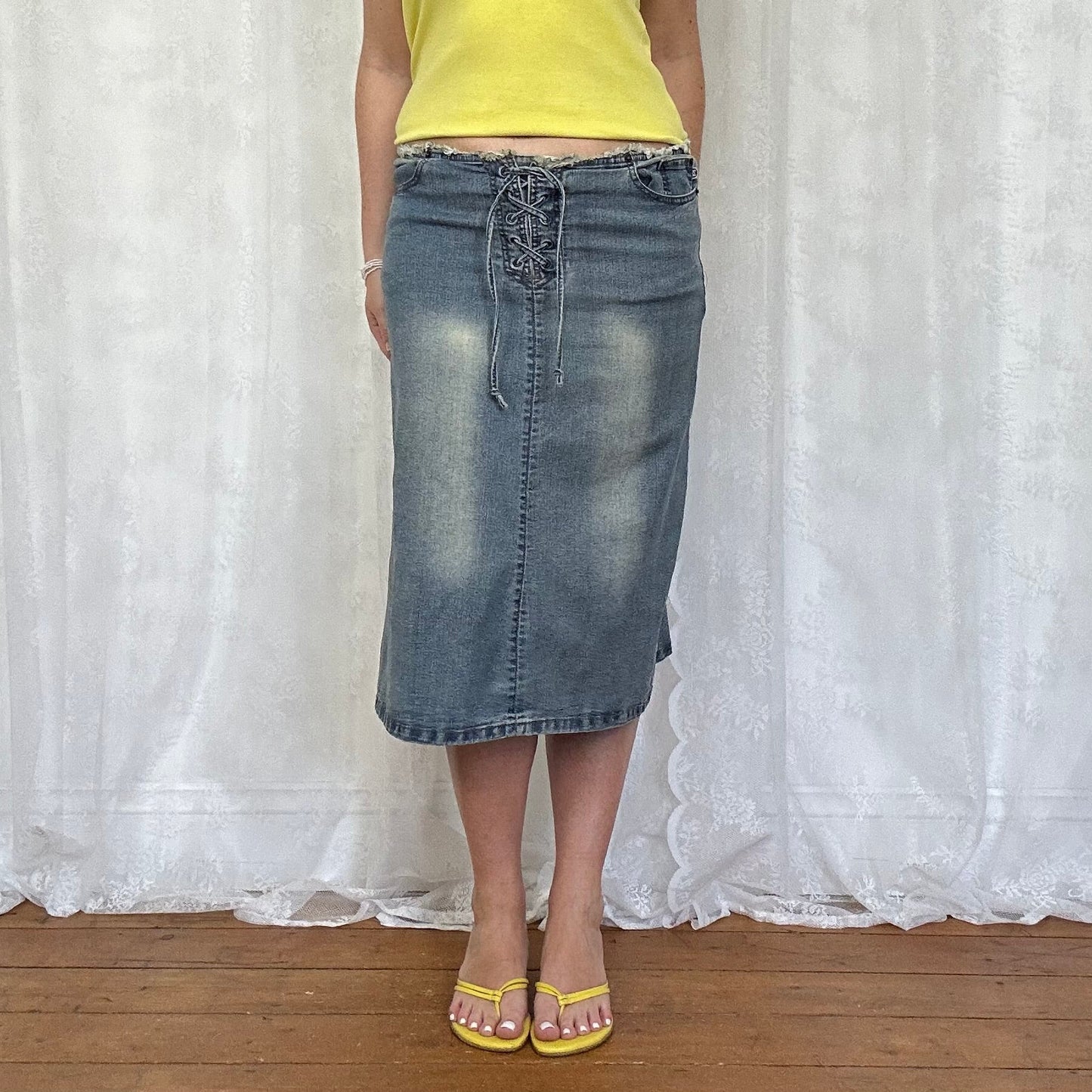 vintage 00s denim tie front midi skirt