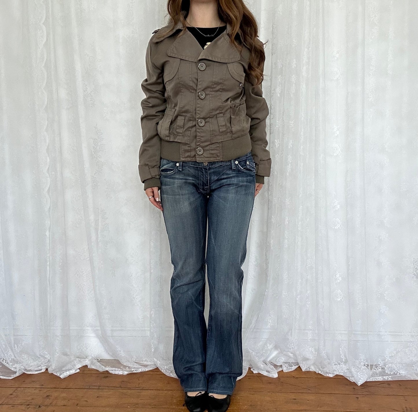 vintage 00s khaki brown peacoat style bomber jacket