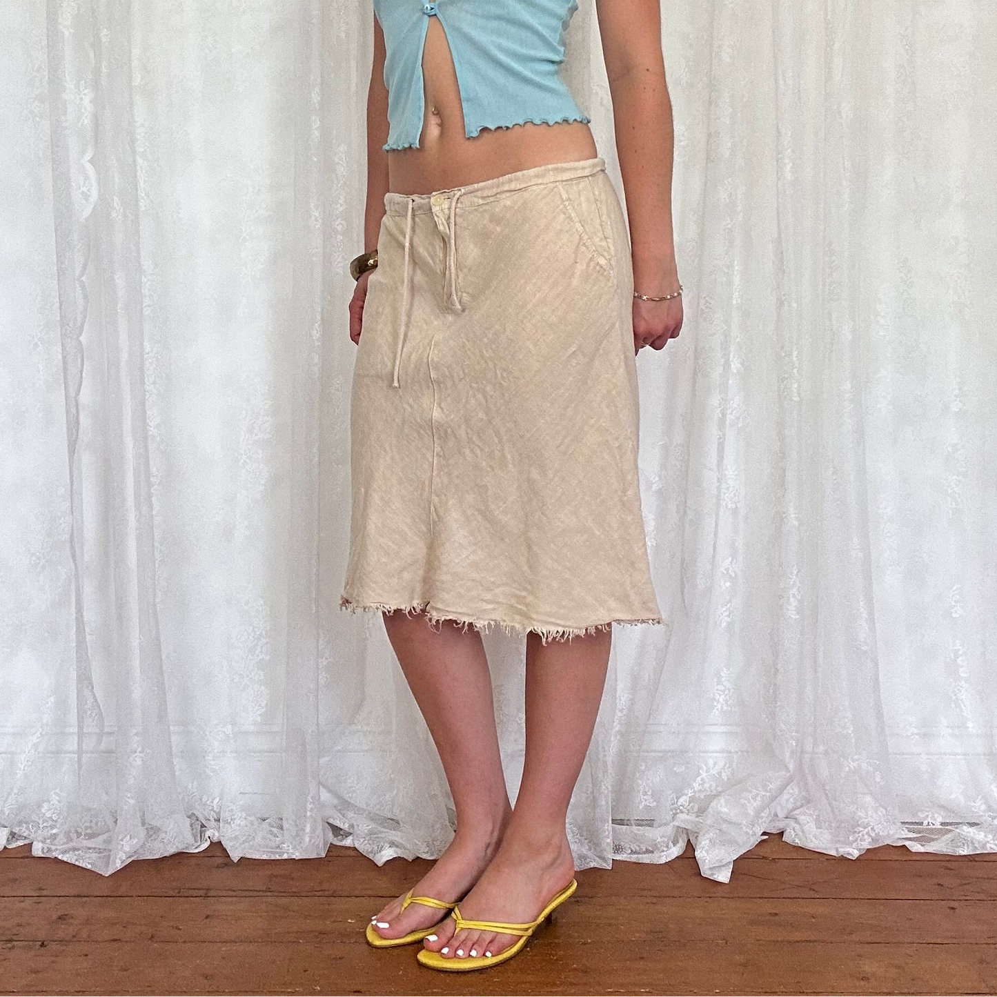 vintage 00s beige linen midi skirt