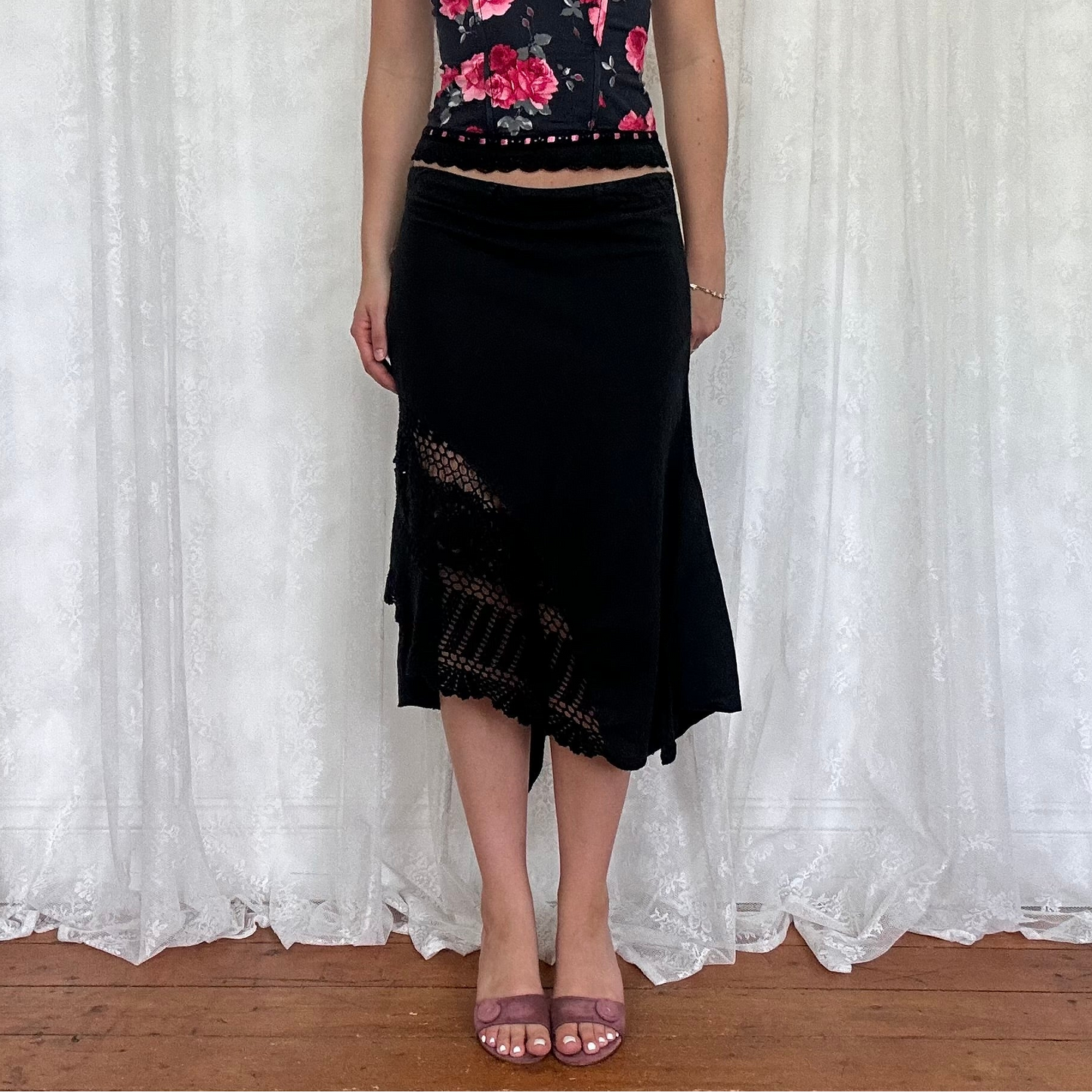 vintage 00s black midi skirt with crochet insert