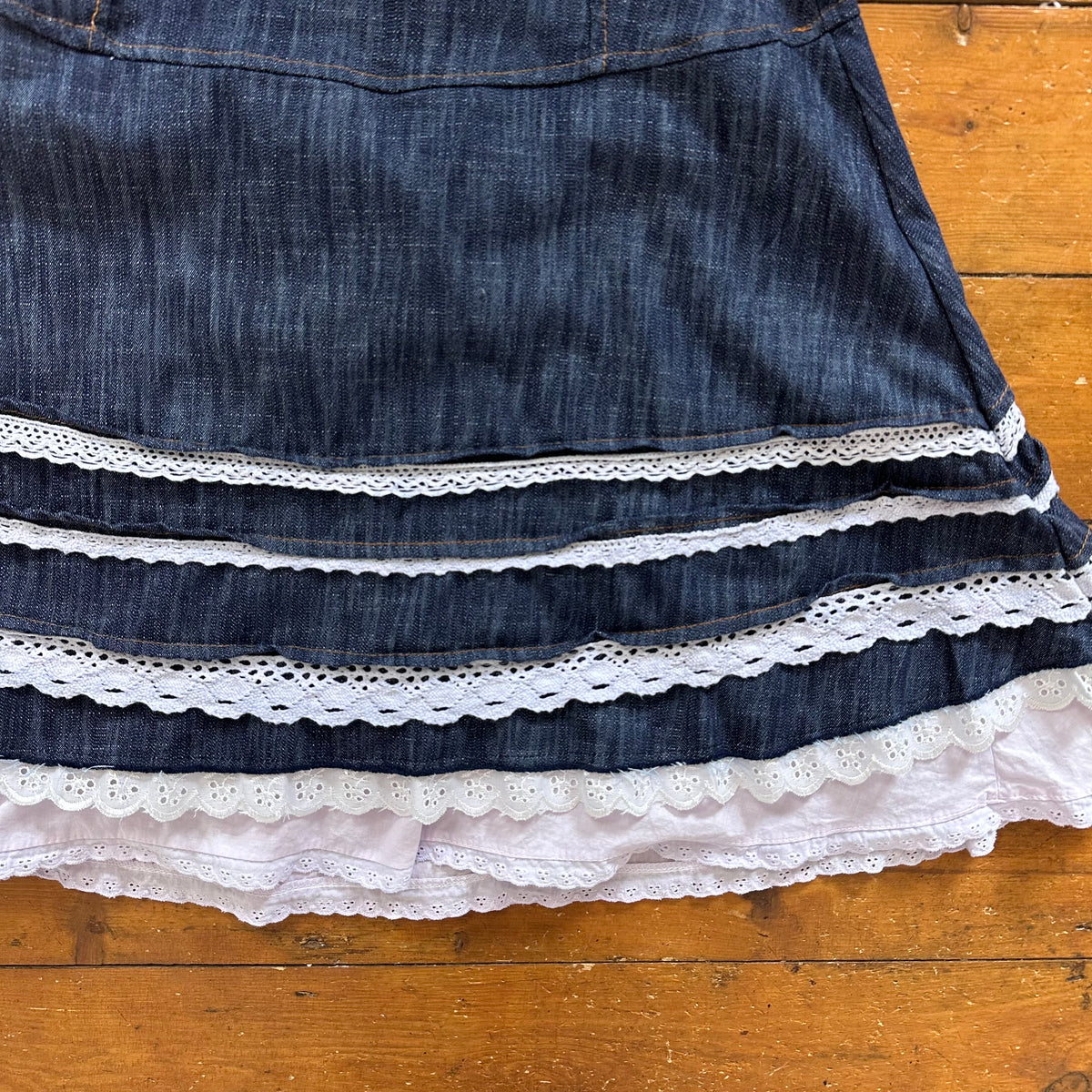 vintage 00s denim midi dress with broderie trim