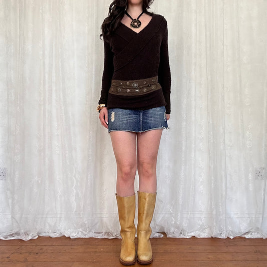 vintage 00s brown knitted crossover long sleeve top