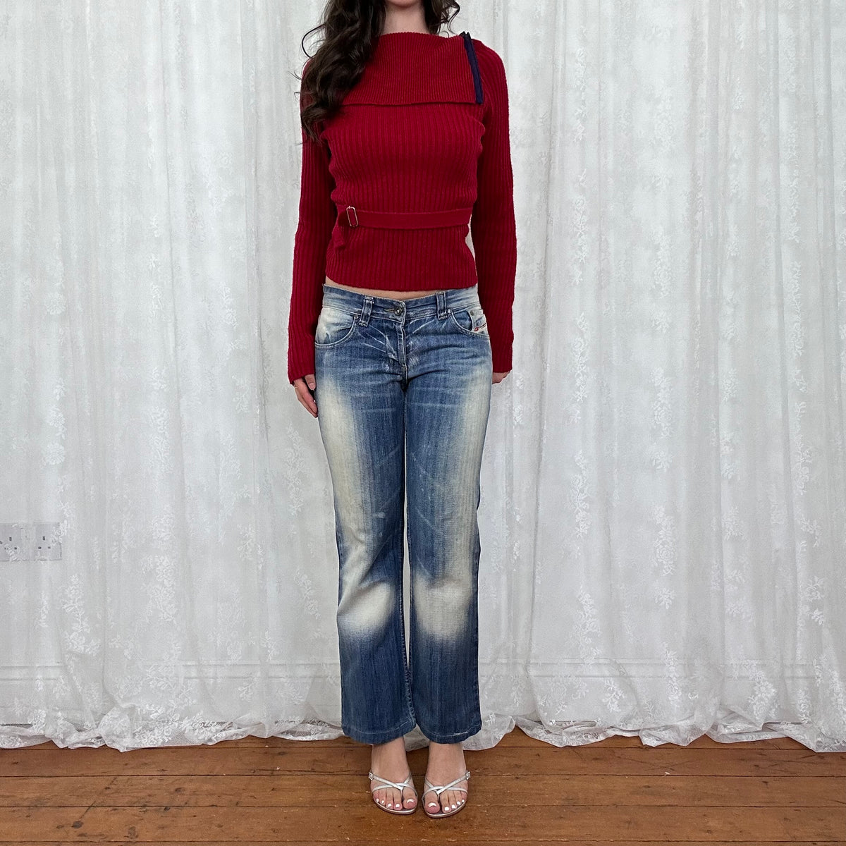 vintage 00s red foldover collar jumper with belt