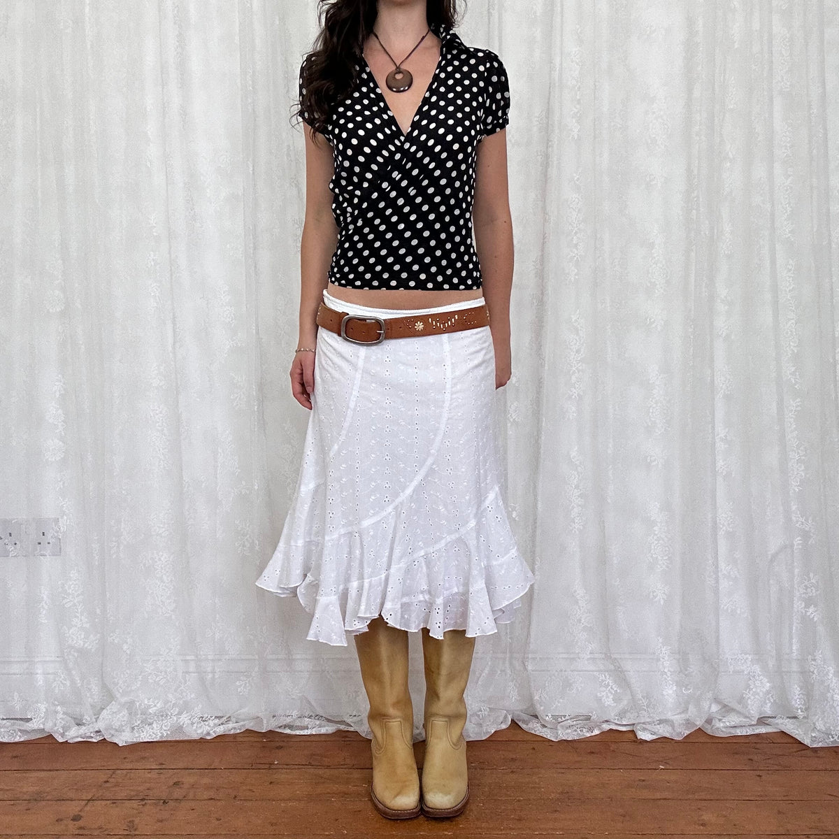 vintage 00s black polka dot silk wrap shirt