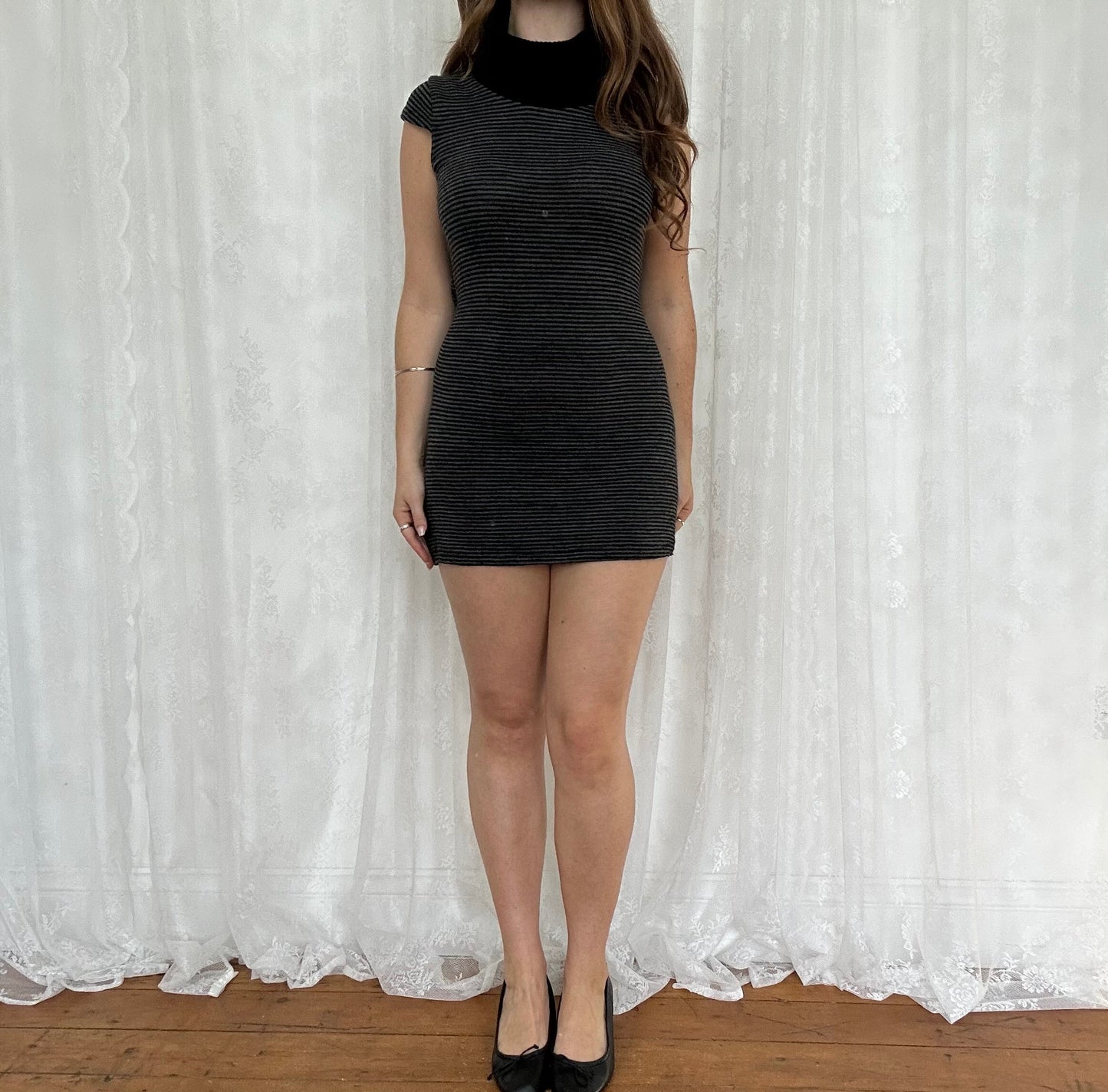 vintage 00s black and grey striped knitted mini dress
