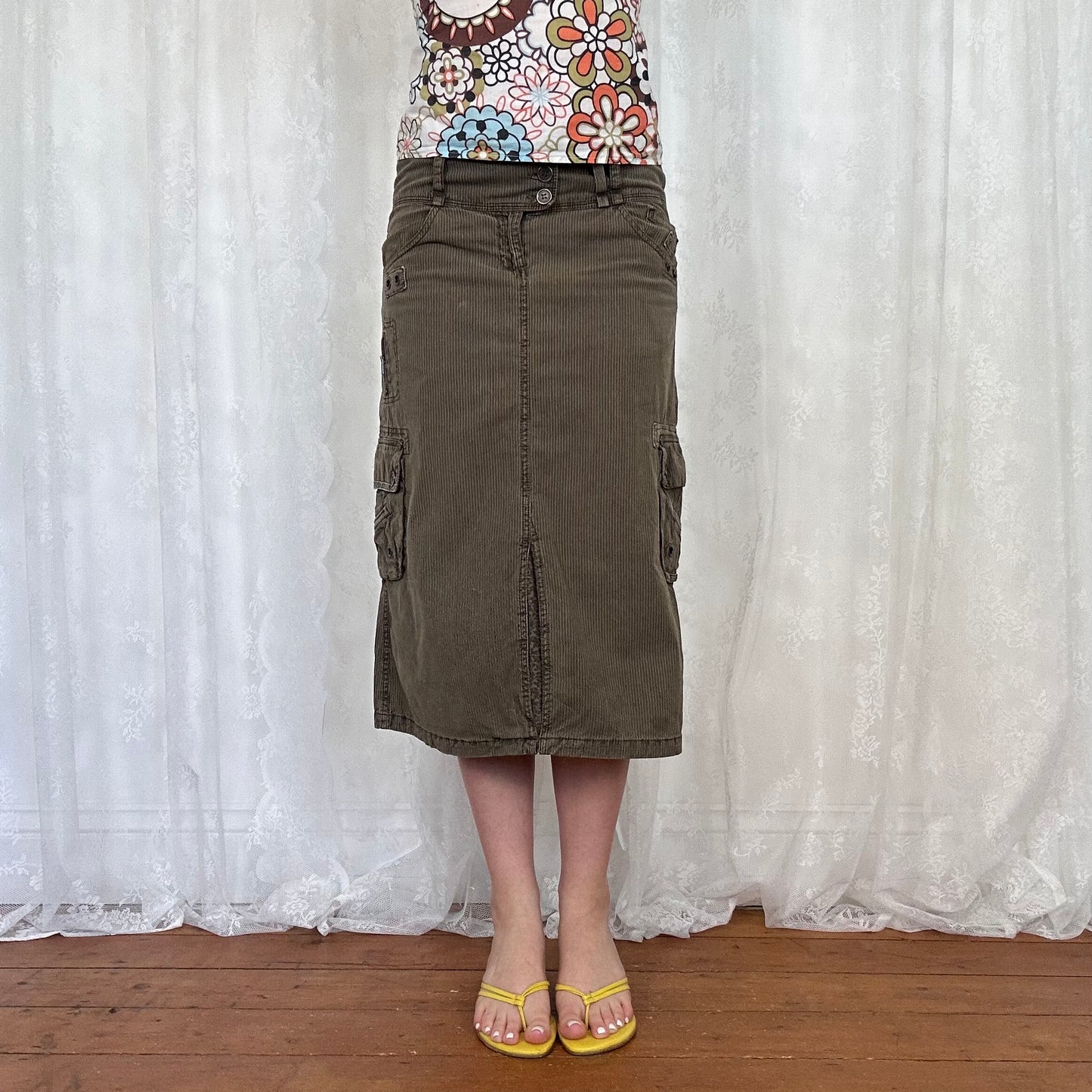 vintage 00s khaki and brown pinstripe cargo midi skirt