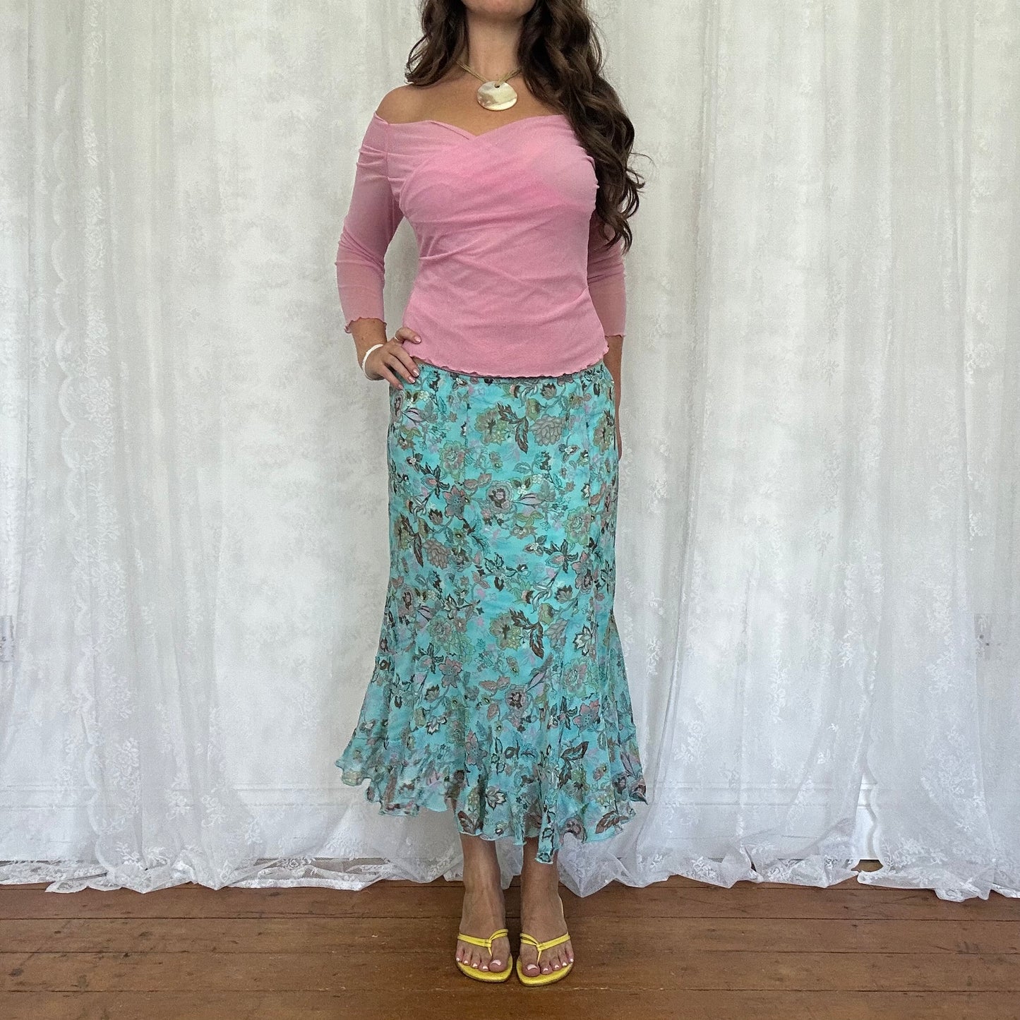 vintage 00s aqua blue floral midi skirt