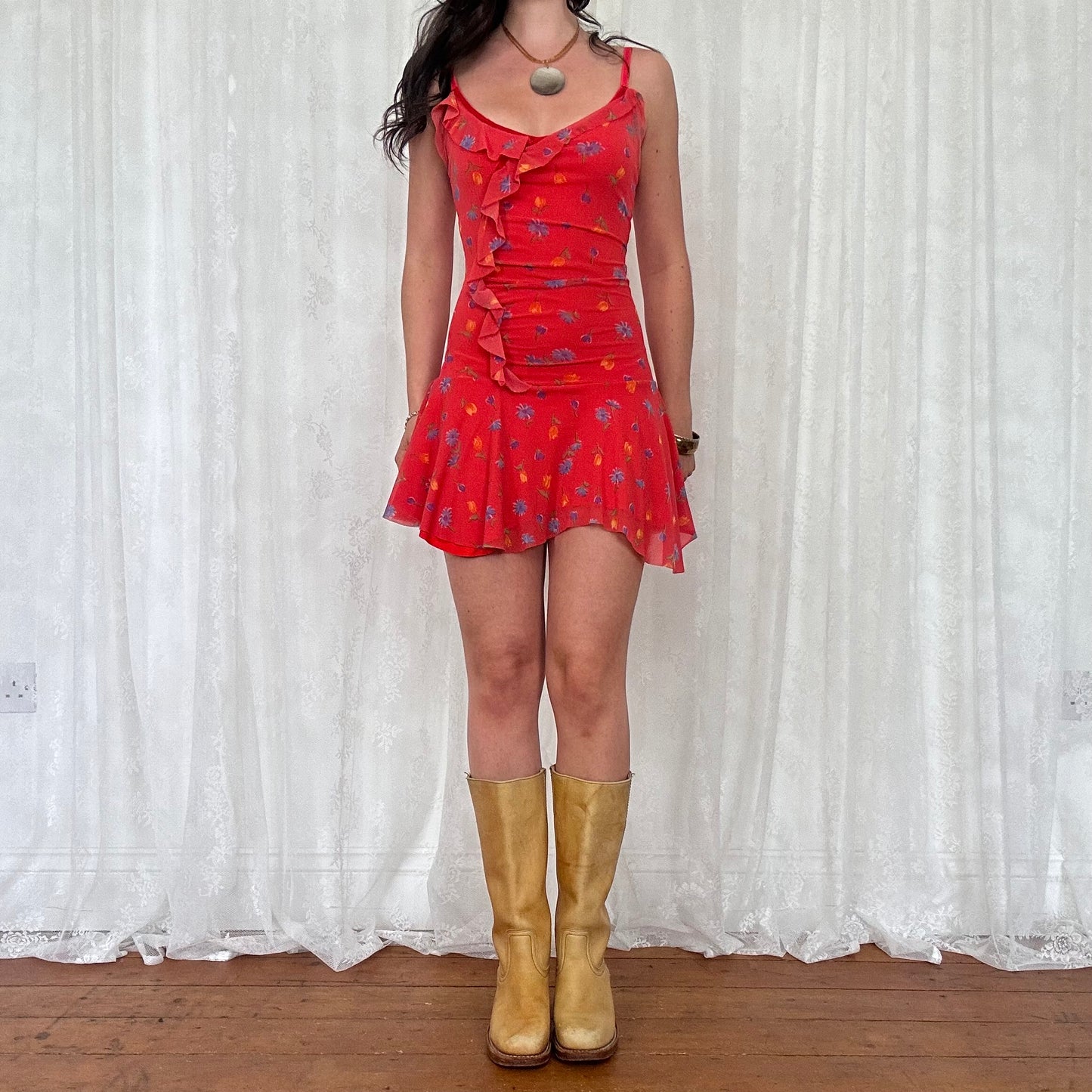vintage 00s red floral mesh mini dress