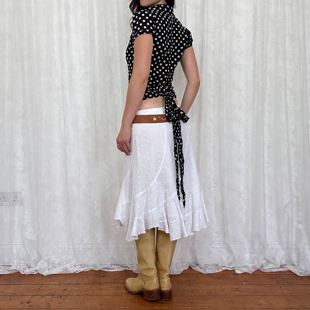vintage 00s black polka dot silk wrap shirt