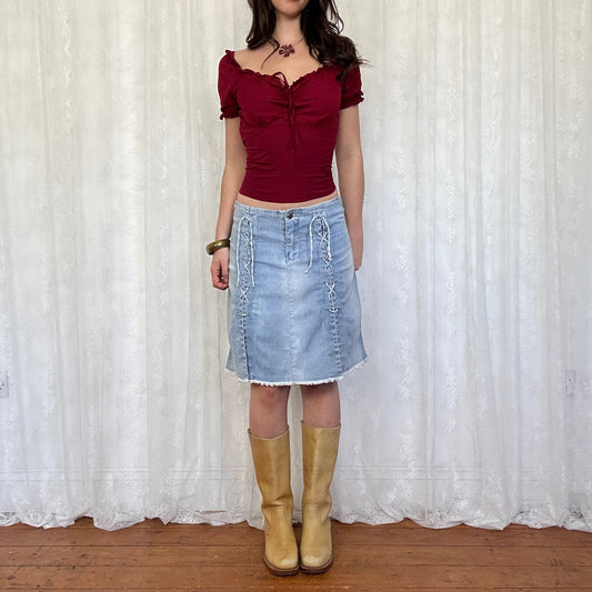 vintage 00s burgundy lace up milkmaid top