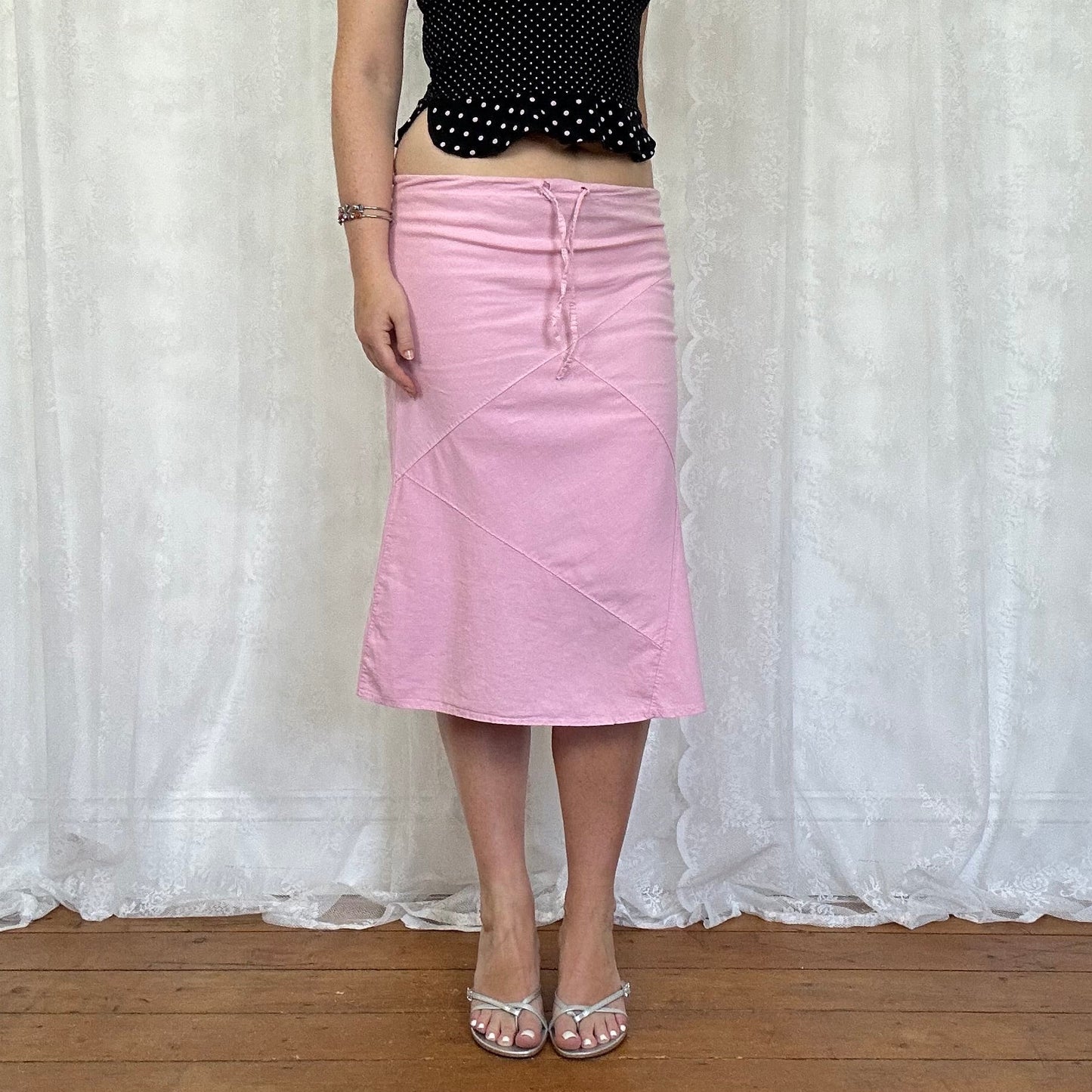 vintage 00s baby pink linen midi skirt
