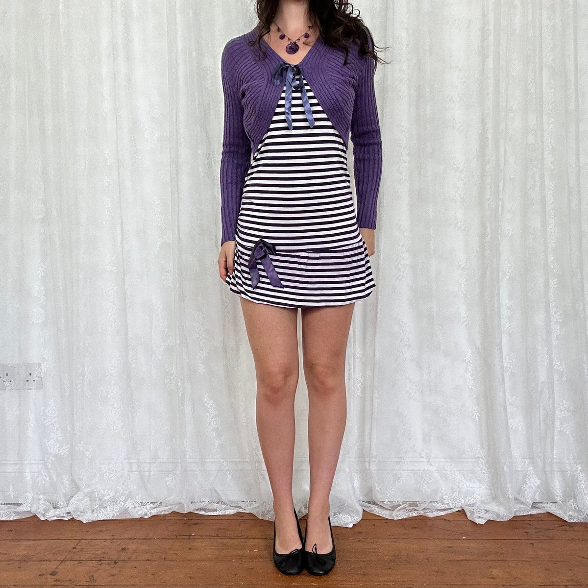 vintage 00s purple ribbed tie up cardigan