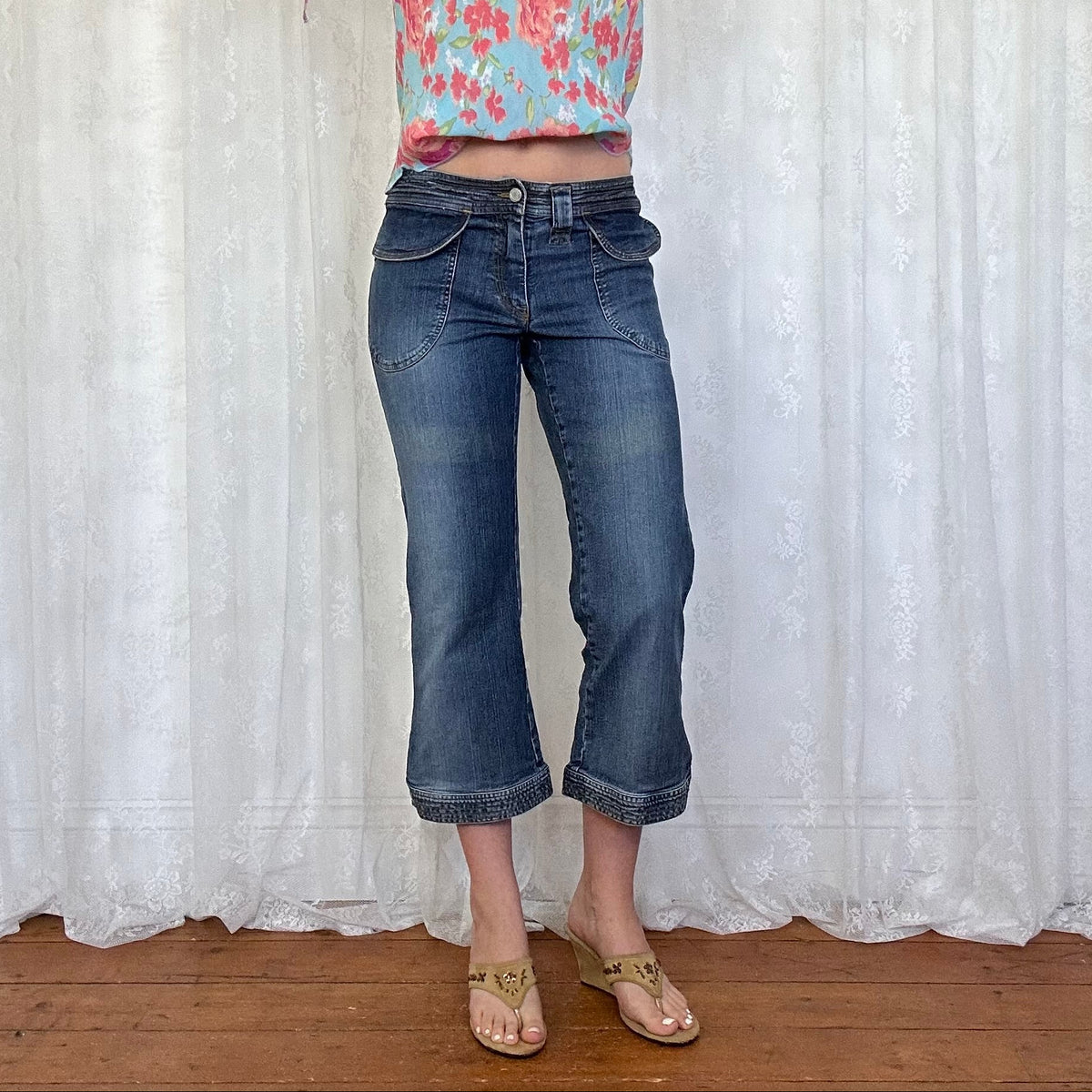 vintage 00s mid wash denim flared capri trousers