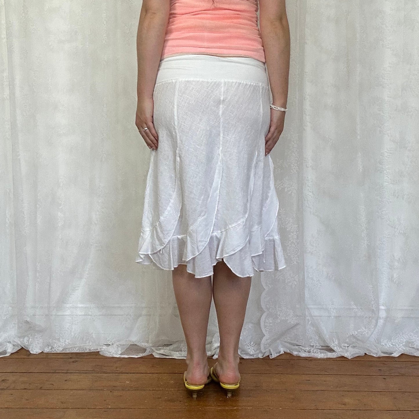 vintage 00s white linen ruffle hem midi skirt