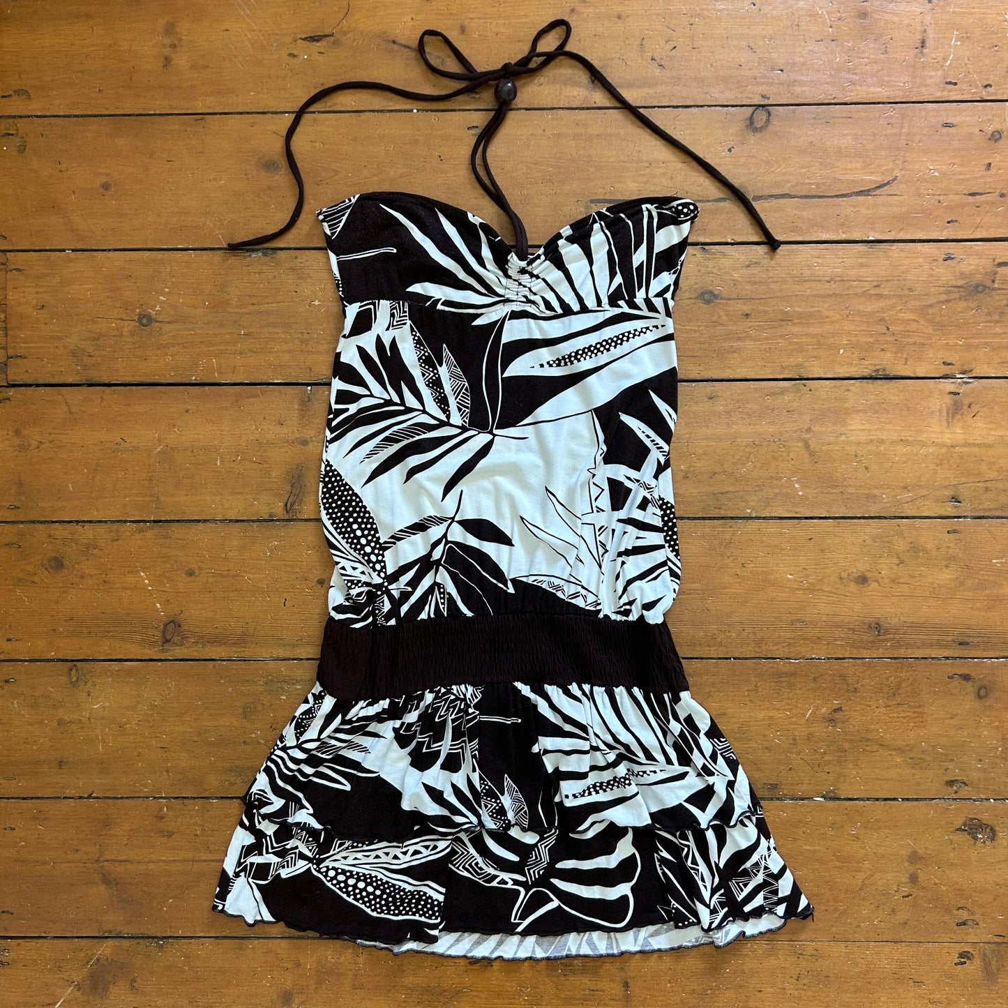 vintage 00s brown beaded patterned halter neck mini dress