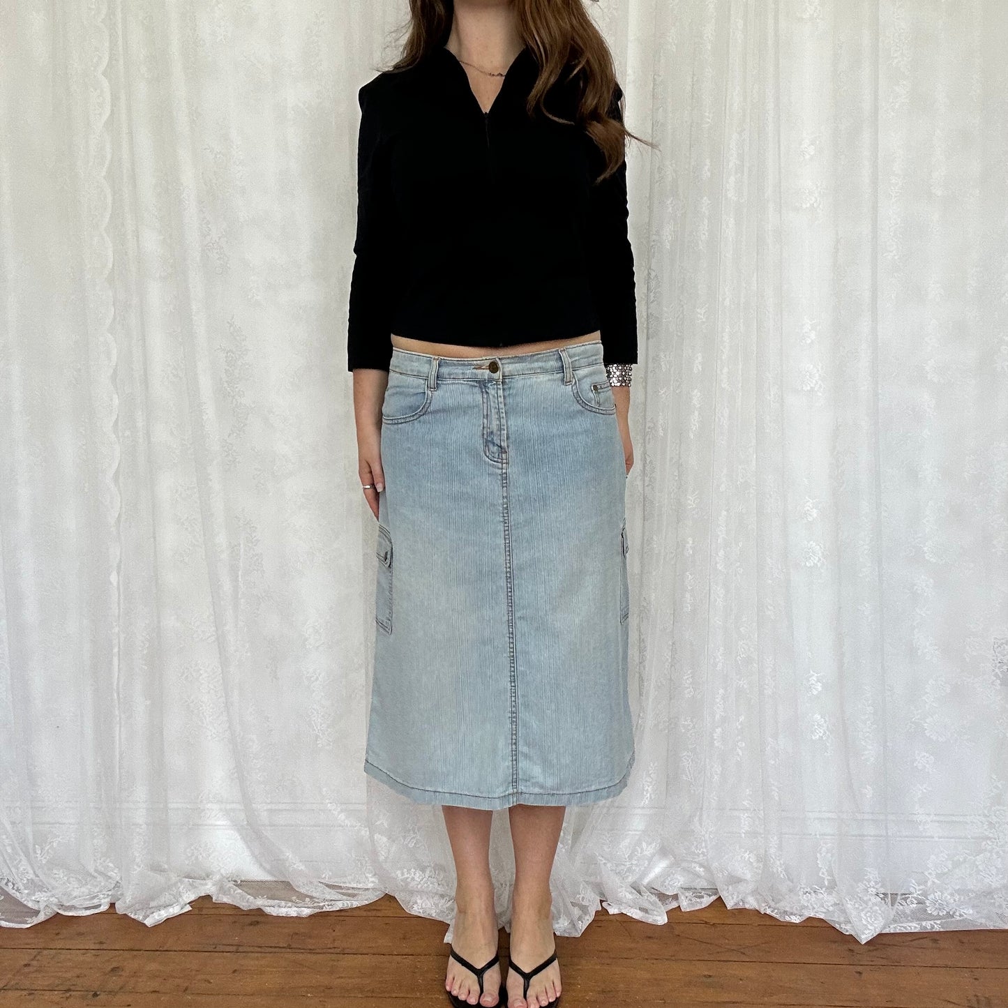 vintage 00s light wash denim midi skirt
