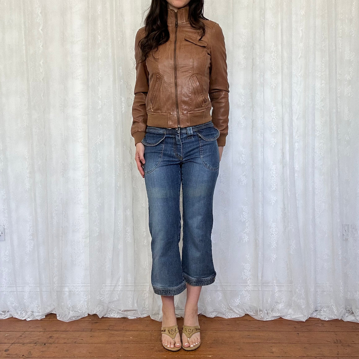 vintage 00s tan fitted leather jacket