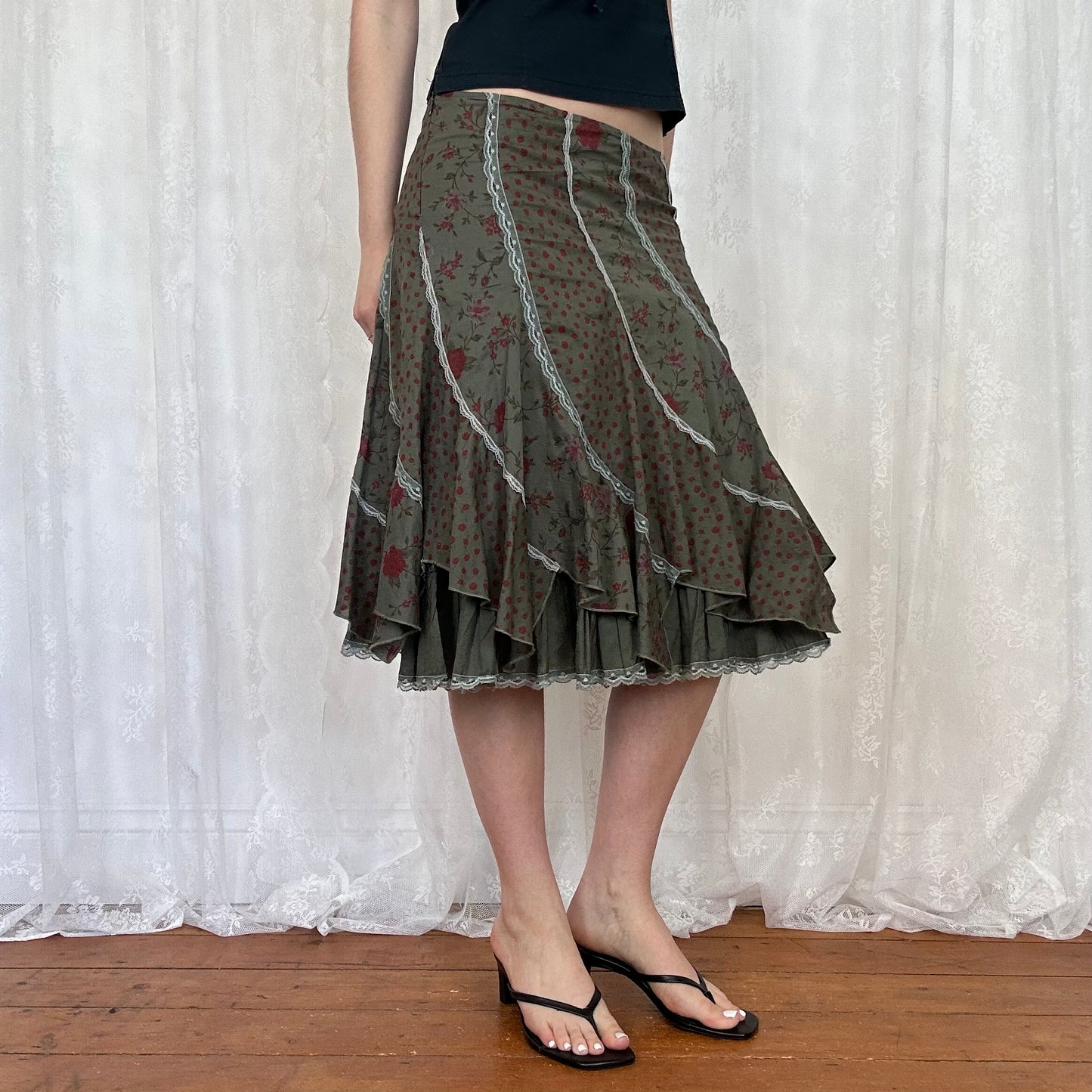 vintage 00s khaki floral midi skirt