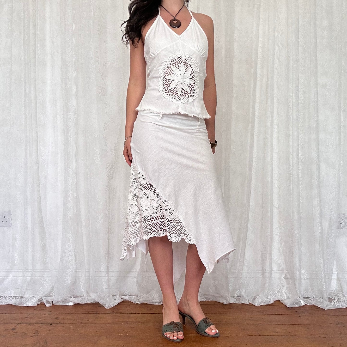 vintage 00s white crochet detail halter top and asymmetrical midi skirt co ord