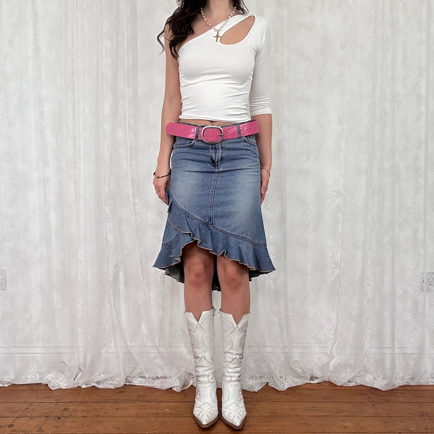 vintage 00s white slinky one shoulder cut out top