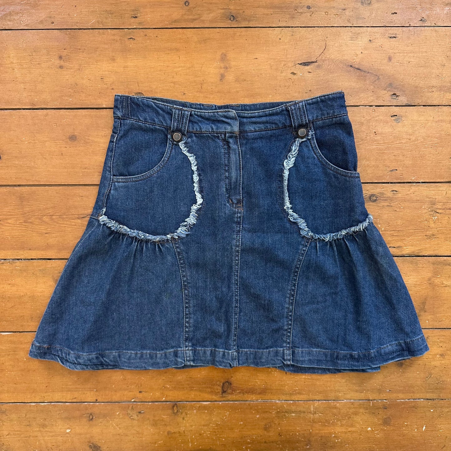vintage 00s dark wash pleated denim midi skirt
