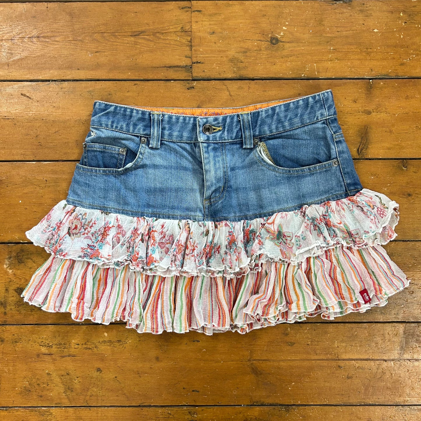 vintage 00s denim patterned ruffle hem mini skirt