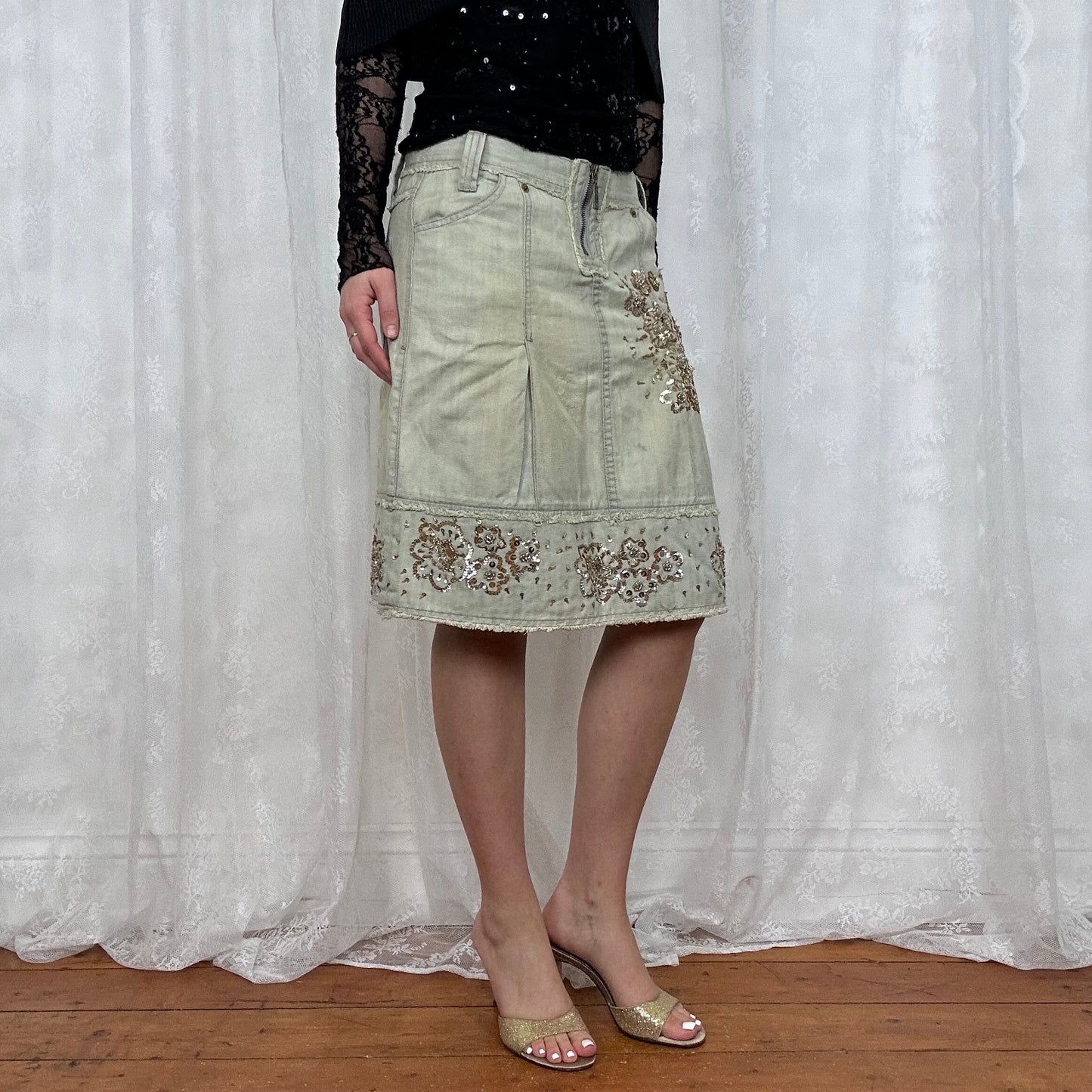 vintage 00s light wash sequin midi skirt