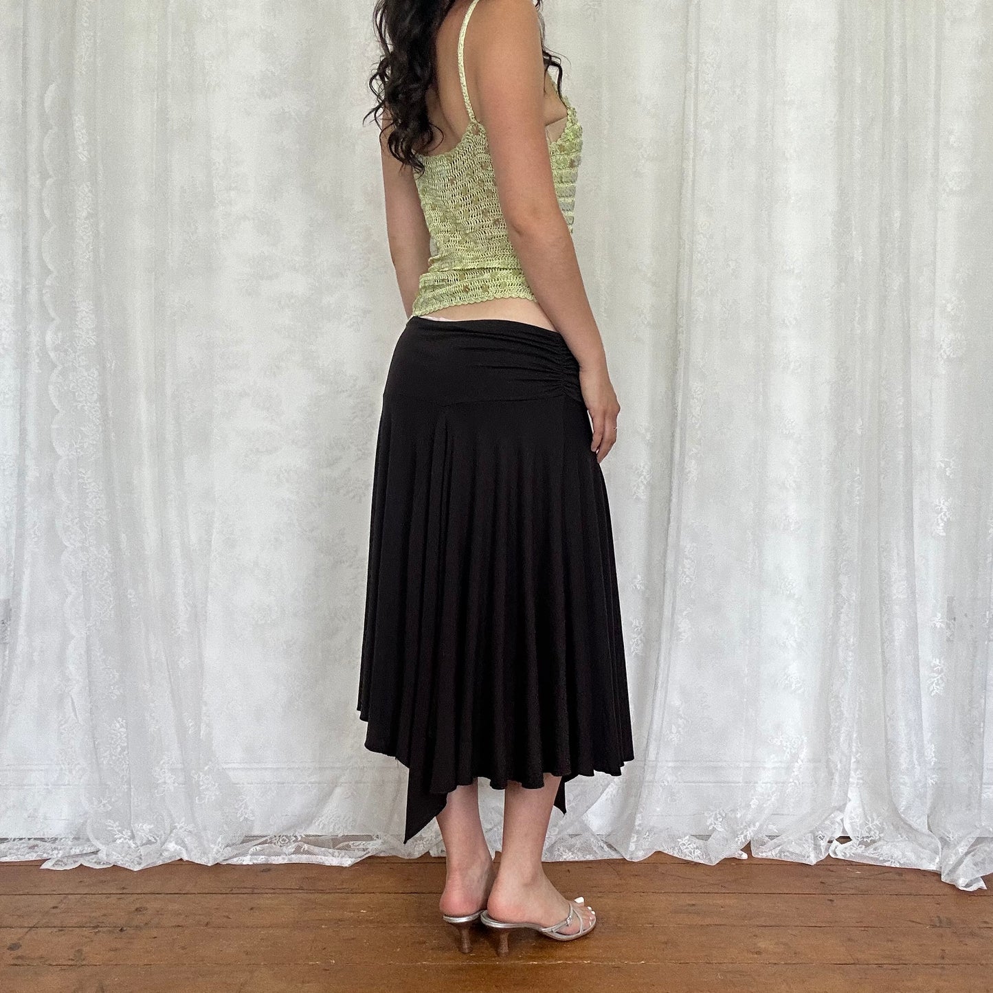 vintage 00s brown asymmetrical hem midi skirt