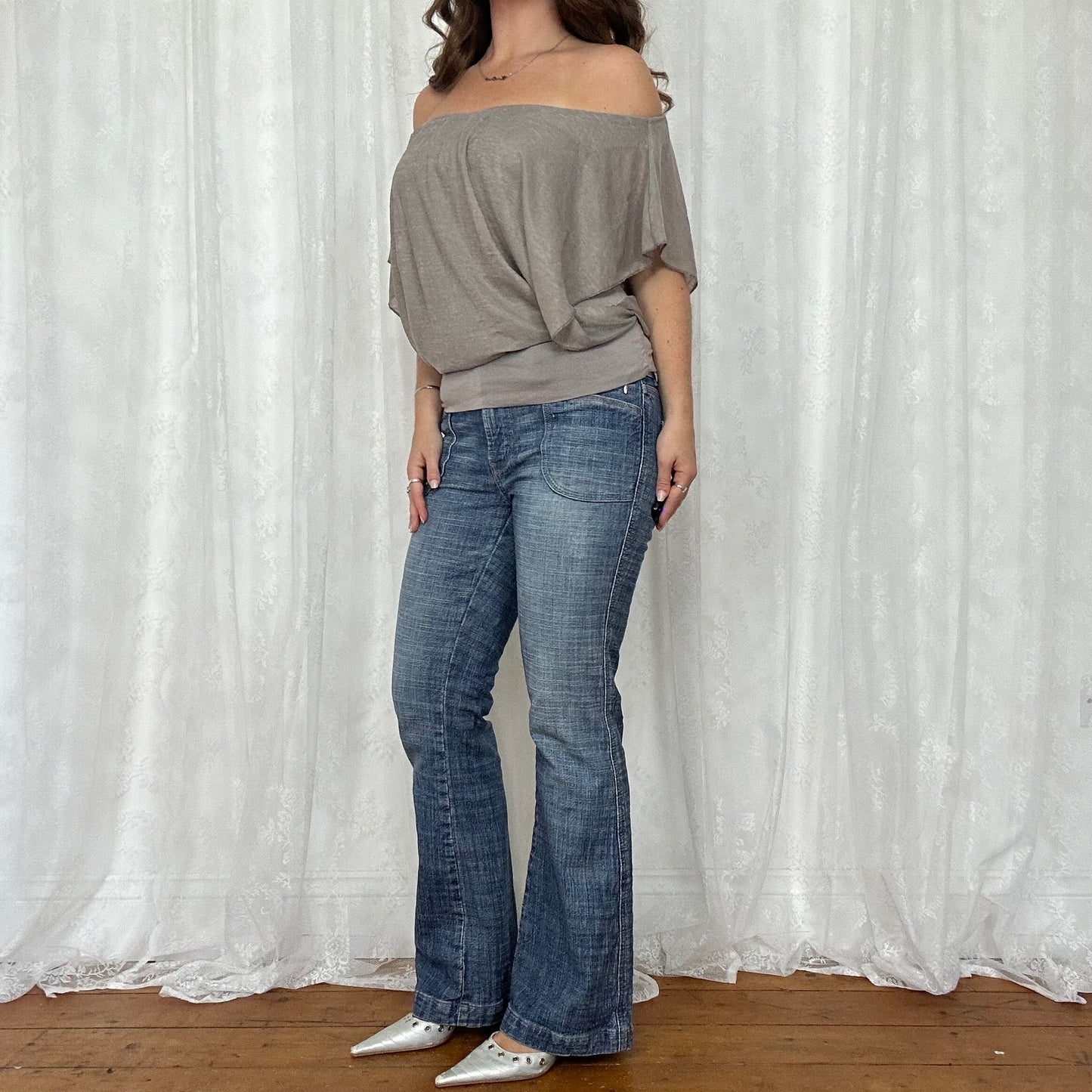 vintage 00s grey bat wing cinched waist top