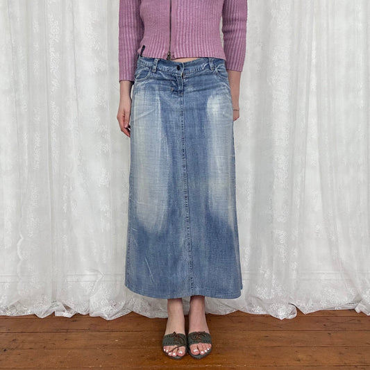 vintage 00s light wash denim maxi skirt