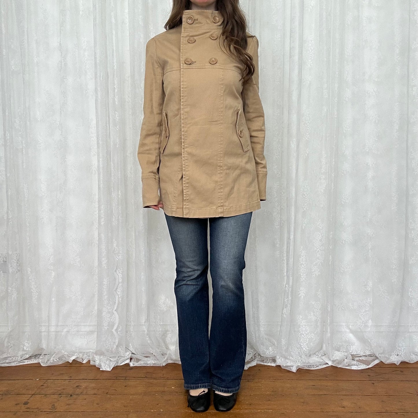 vintage 00s tan double breasted peacoat