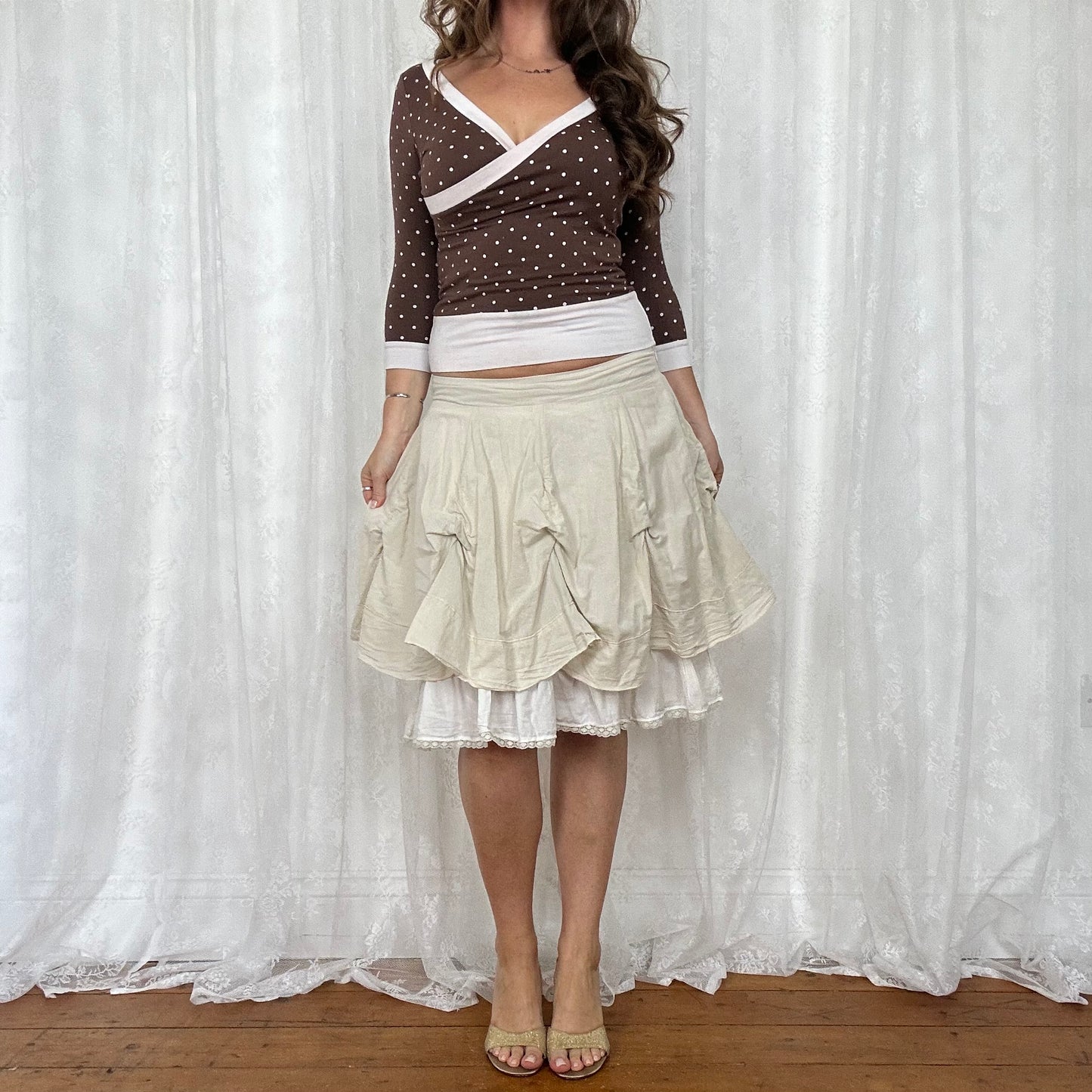 vintage 00s white and beige draped midi skirt