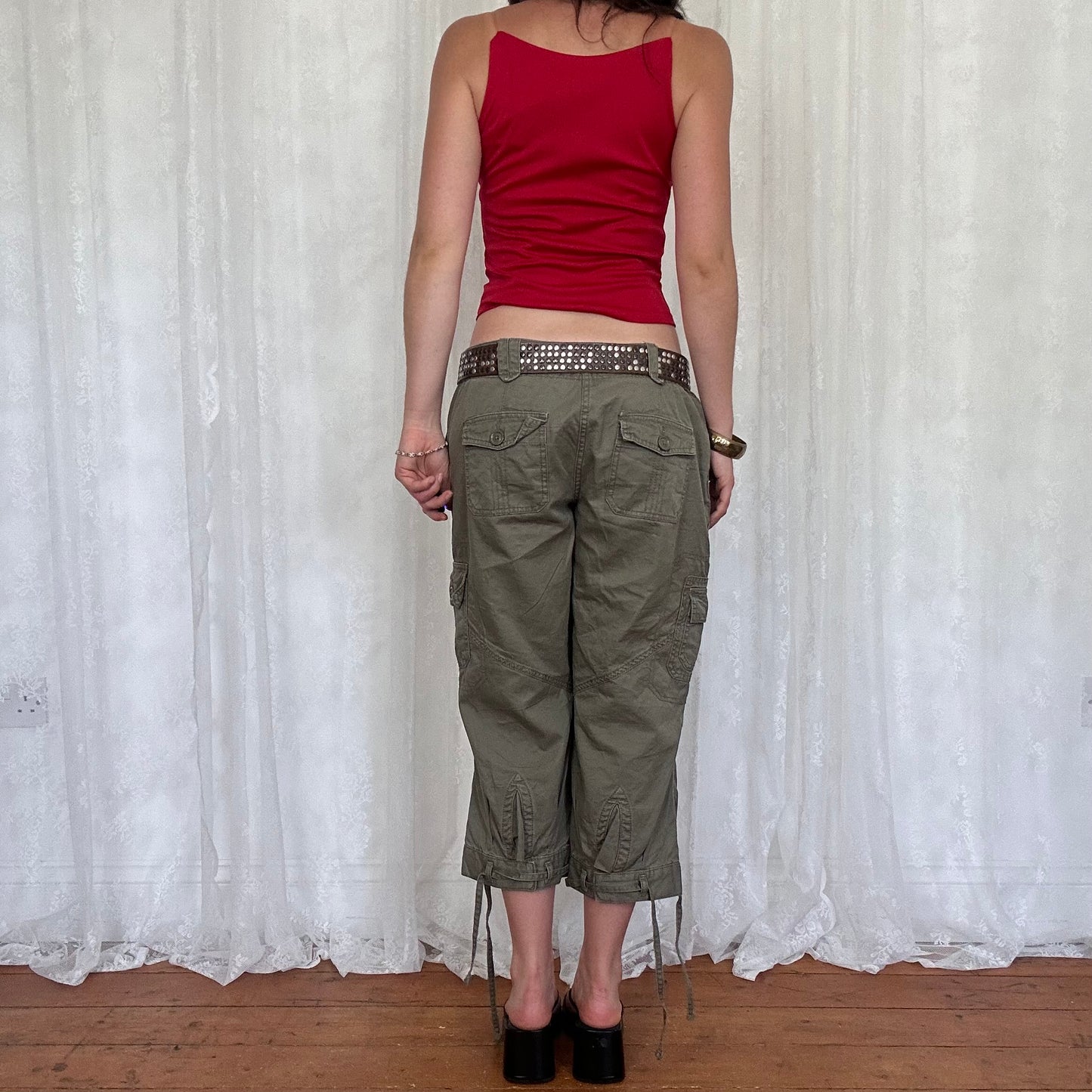 vintage 00s red high neck cami with clear straps