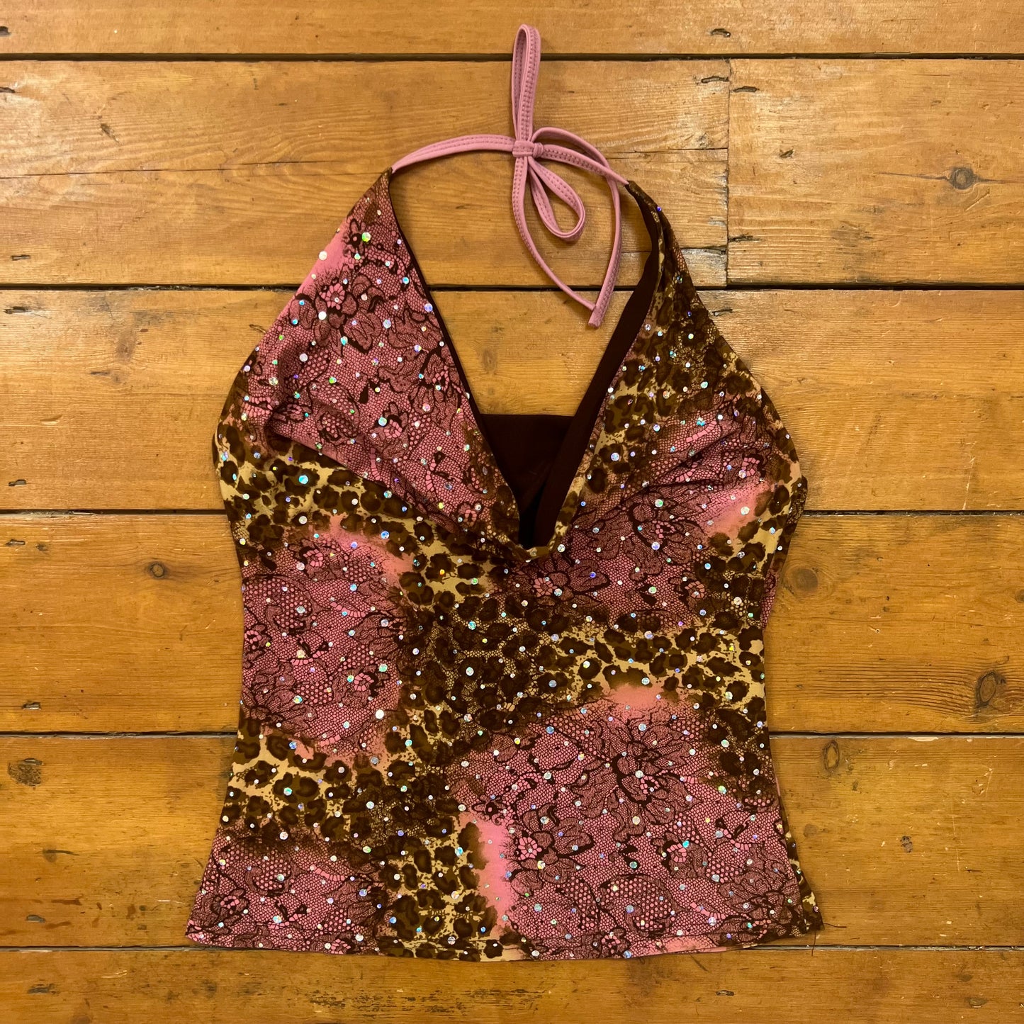 vintage 00s pink sequin leopard print cowl neck top