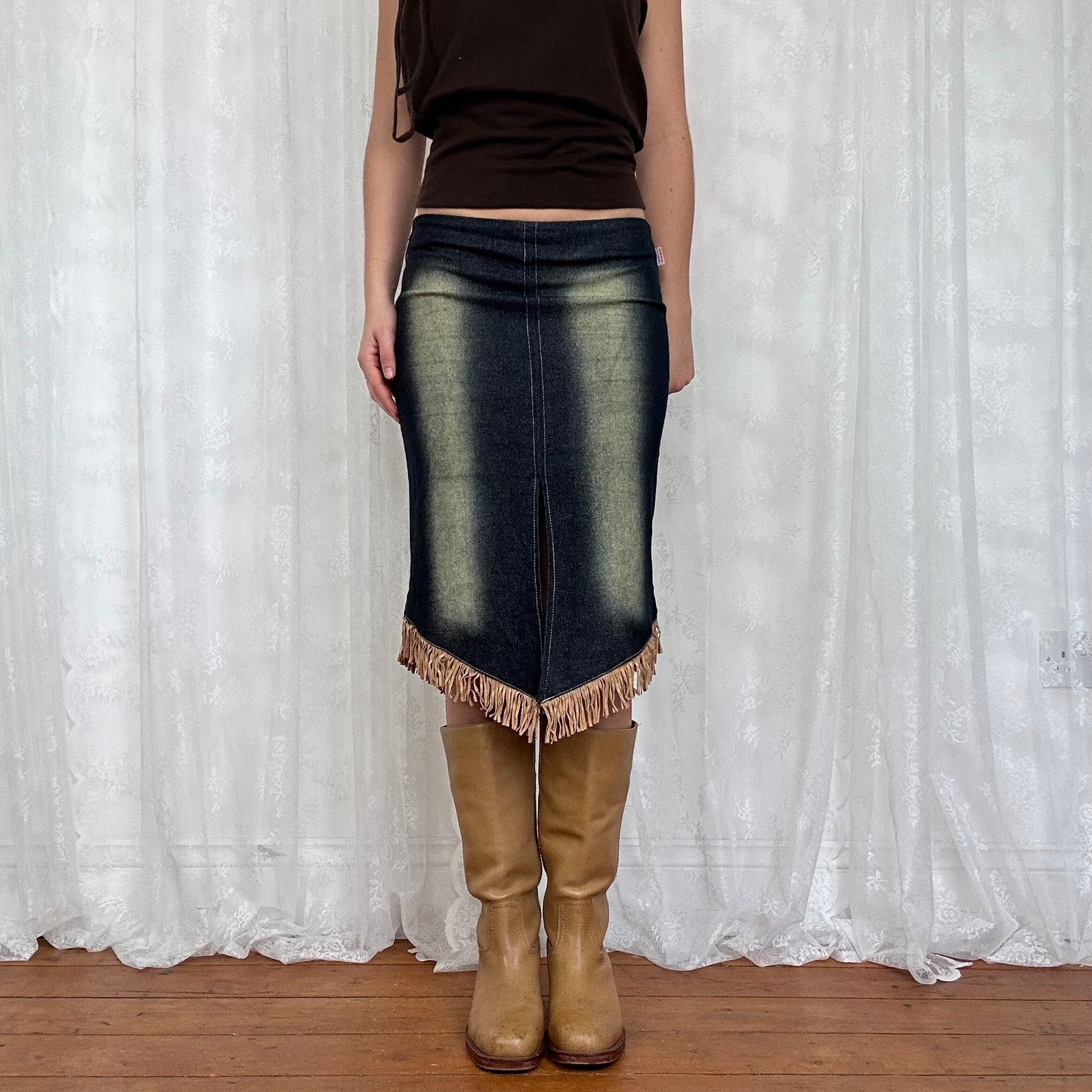 vintage 00s dark wash fringe midi skirt
