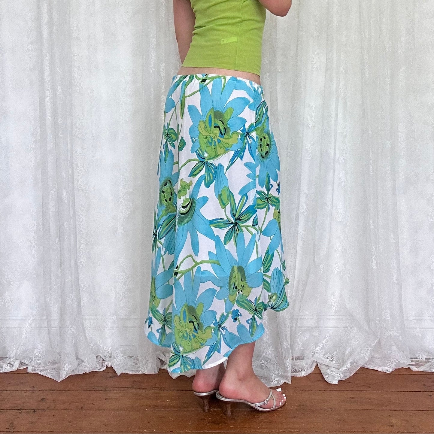 vintage 00s white and blue floral mesh midi skirt
