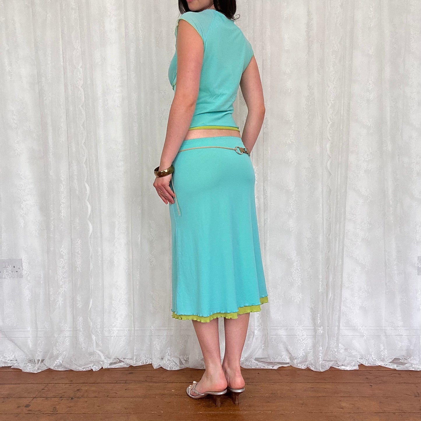 vintage 00s teal and lime green mesh milkmaid top and midi skirt co ord