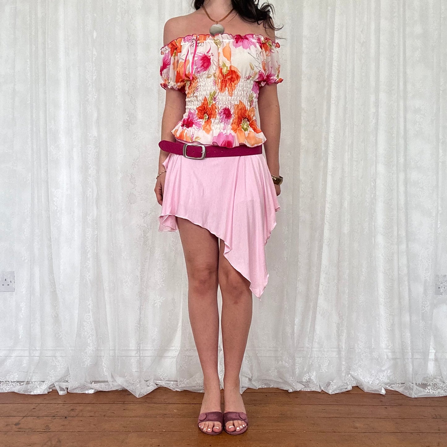 vintage 00s floral shirred milkmaid top